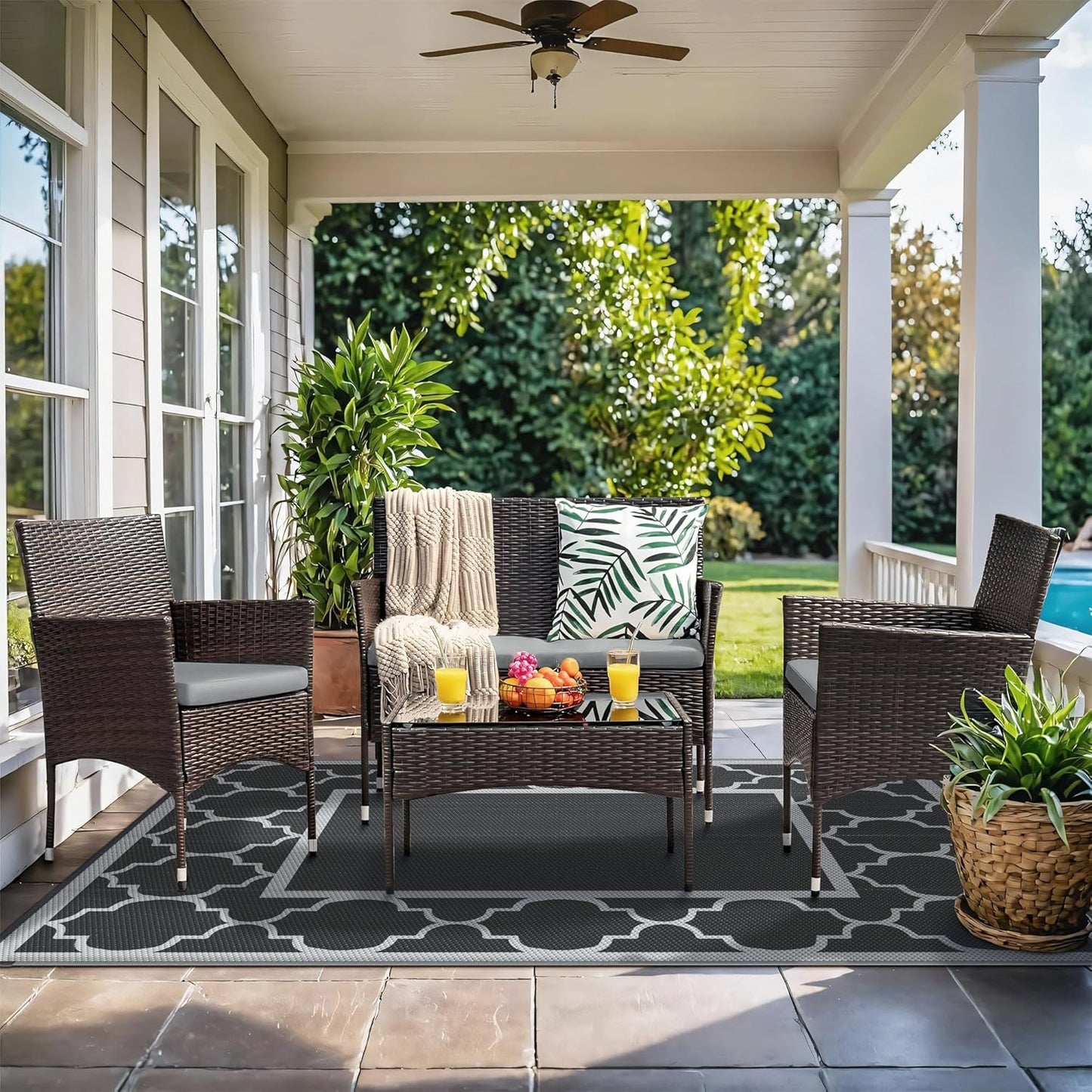 GENIMO 5' x 8' Outdoor Rug Waterproof for Patio Decor, Foldable Reversible Plastic Straw Area Rugs Mat for Camper, Outside Carpet for Rv, Deck, Porch, Picnic, Beach, Balcony, Black & Grey