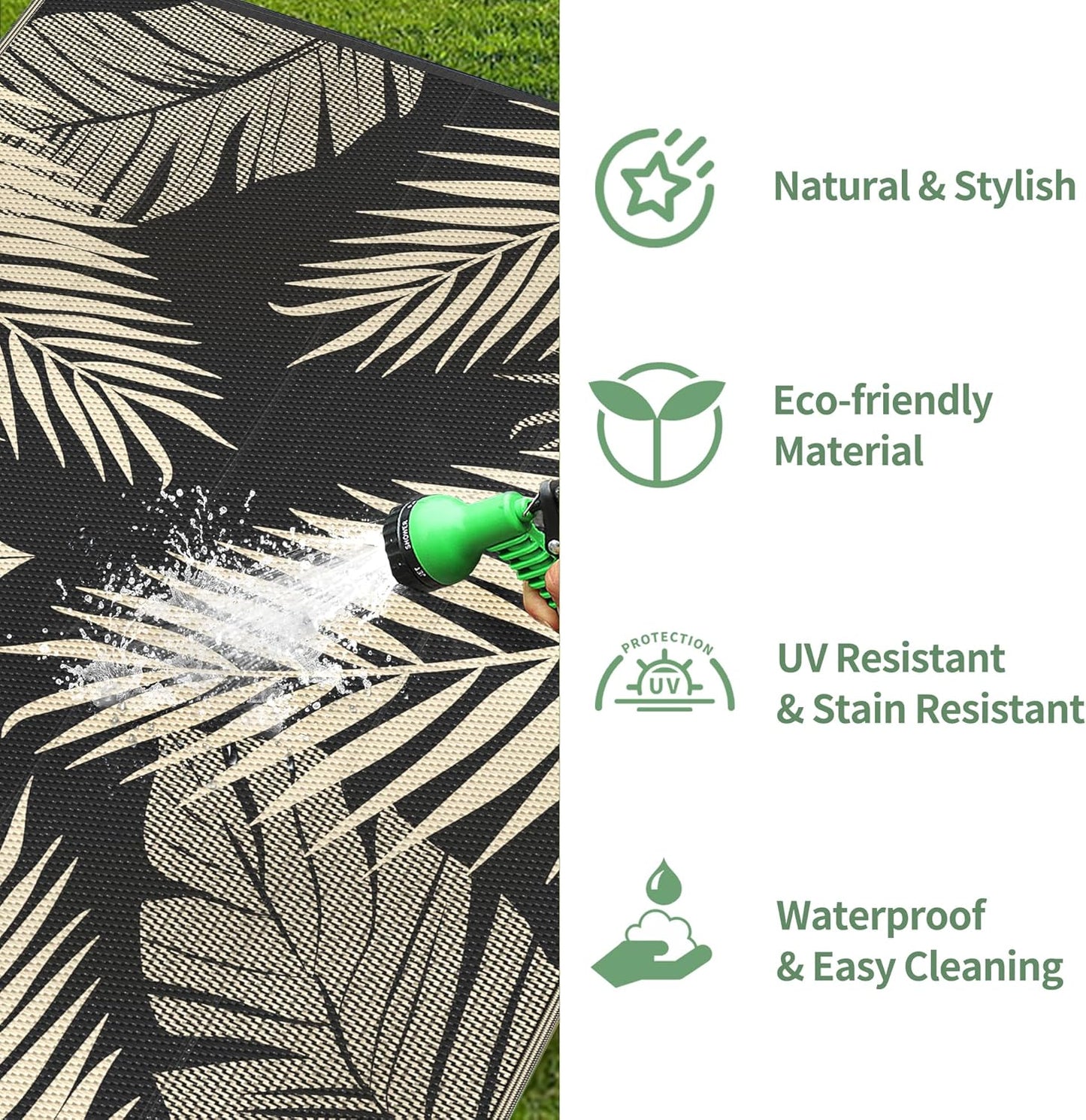 GENIMO Outdoor Rug 10' x 14' Waterproof for Patios Clearance, Reversible Outdoor Plastic Straw Camping Rug Carpet, Large Area Rugs Mats for RV, Camper, Deck, Balcony, Porch, Beach, Picnic, Black&Beige