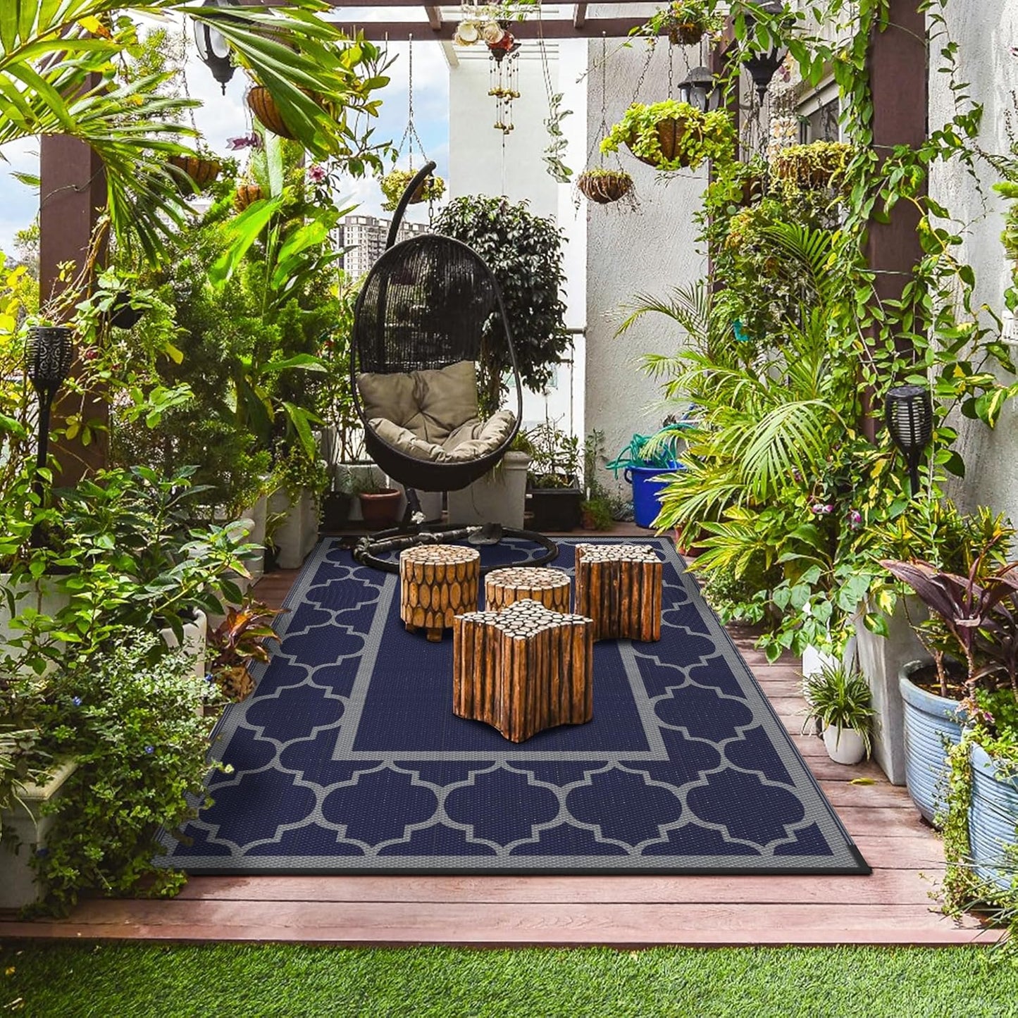 GENIMO 6' x 9' Outdoor Rug Waterproof for Patio Decor, Foldable Reversible Plastic Straw Area Rugs Mat for Camper, Outside Carpet for Rv, Deck, Porch, Picnic, Beach, Balcony, Blue & Grey