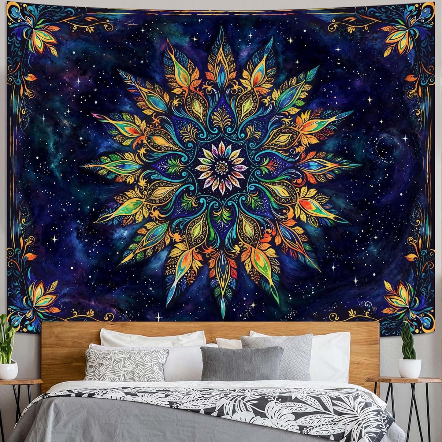 Fowocu Boho Floral Mandala Tapestry for Bedroom Aesthetic Blue Bohemian Colorful Flower Wall Tapestry Purple Hippie Indian Extra Large Tapestries Wall Hanging for Living Room Dorm Decor 90 x 68 Inch