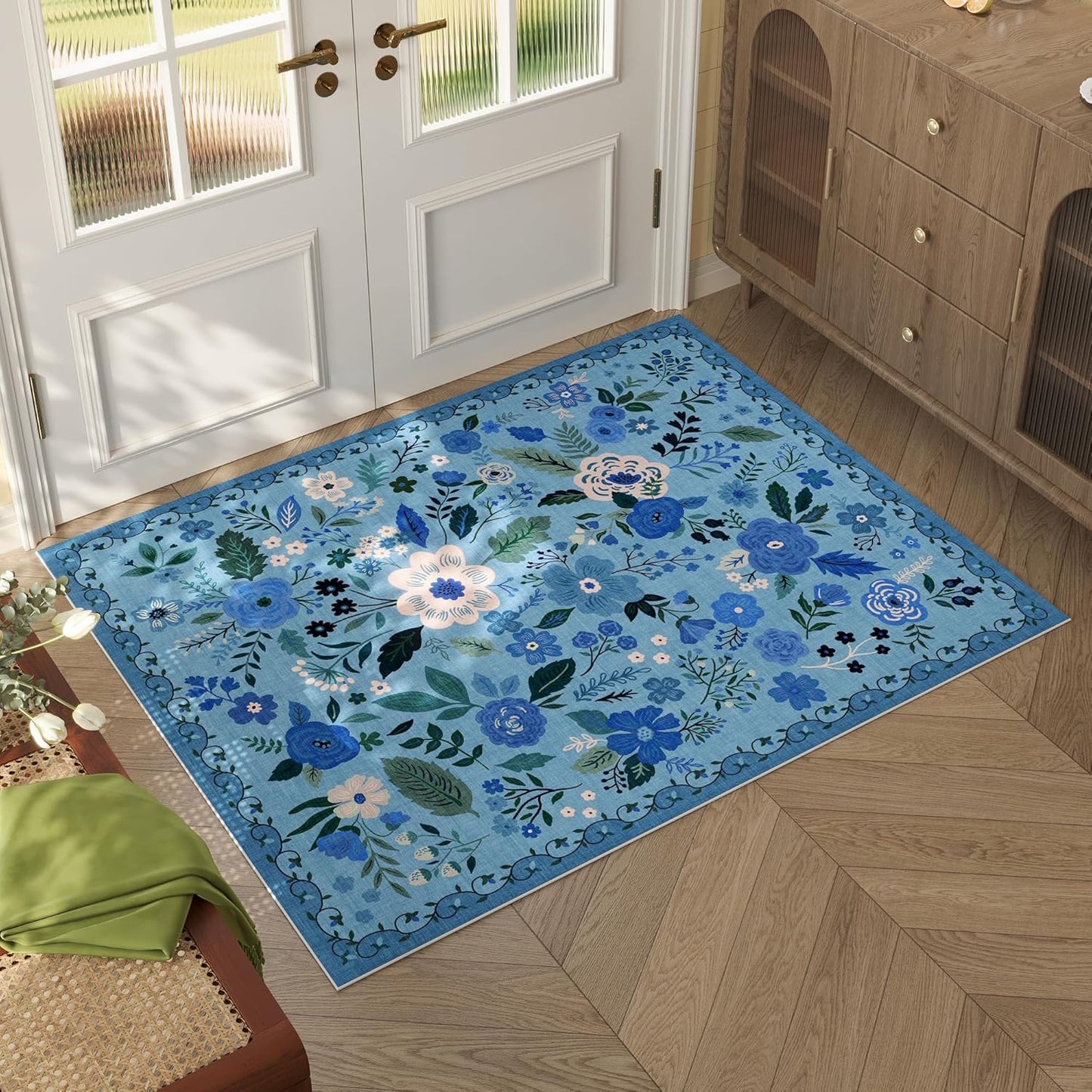 Door Mat Indoor Entrance 2x3 Rug Machine Washable Boho Floral Small Area Rug Non-Slip Low Pile Throw Rugs for Entryway, Kitchen, Front Door Indoor Entrance, Entry, Kids Room (Blue)