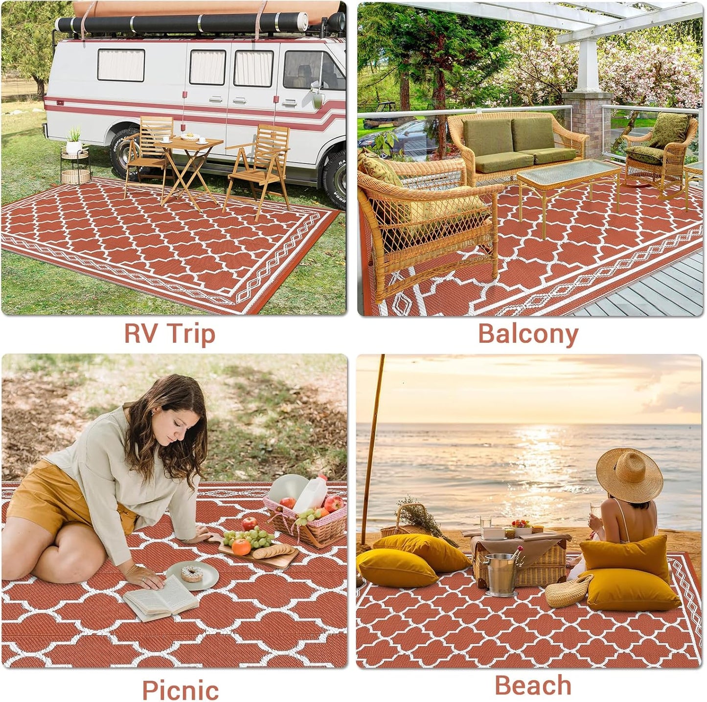 GAOMON Outdoor Plastic Straw Rug, 10'x14' Reversible Sage Green Patio Mat, Flower Modern Design for RV, Backyard, Deck, Camping, Picnic, Orange/White(Geometric)