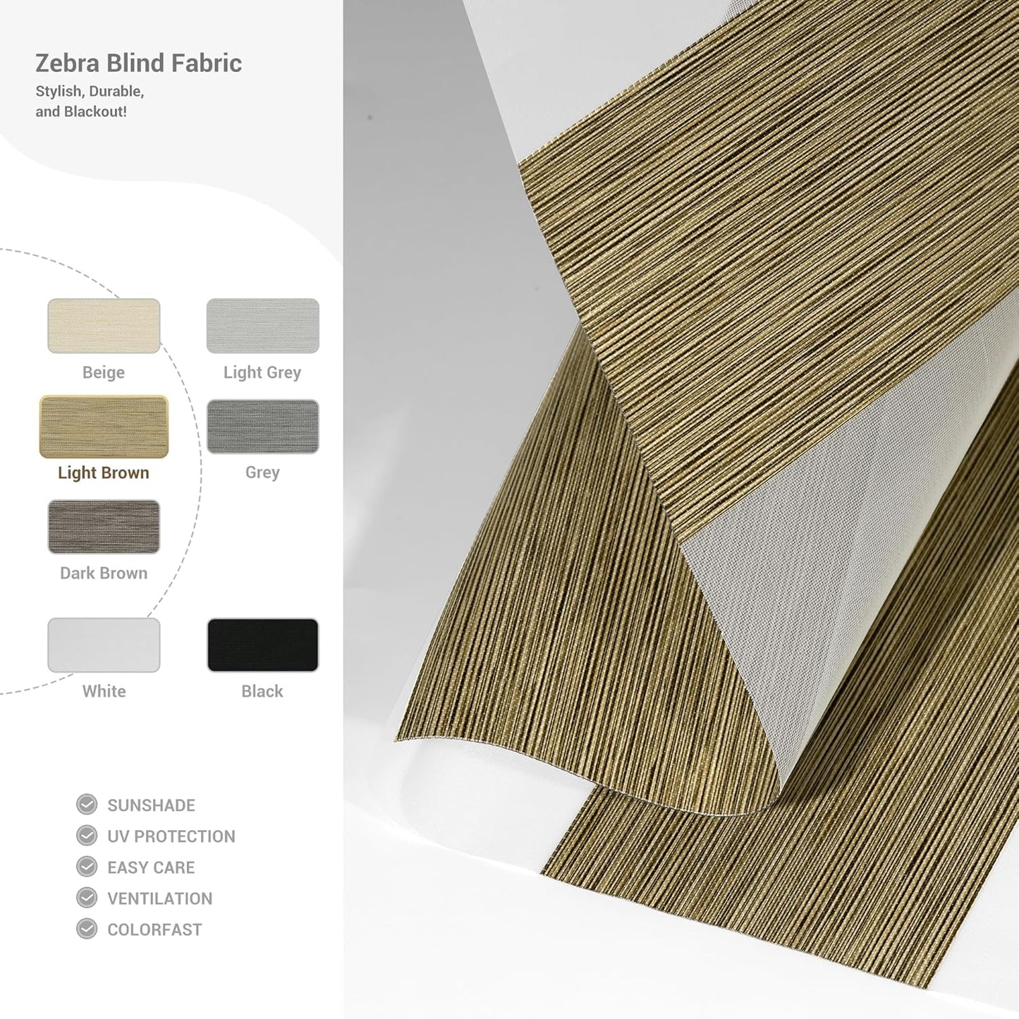 Cordless Zebra Blinds for Windows, Blackout Interior Blinds,Easy to Install,UV Protection,for Offices and Home,Custom Roller Shades, Mousse Light Bown,60" W x 36" H