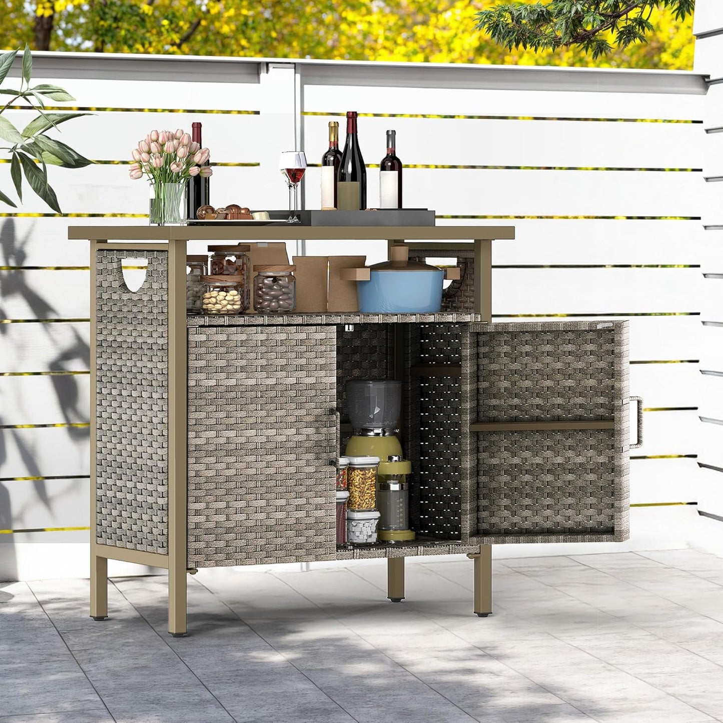 DWVO Patio Storage Cabinet, Outdoor Buffet Cabinet with Two Doors and Shelves, Outdoor Storage Table with PE Rattan for Patio, Backyard, Garden - Light Brown