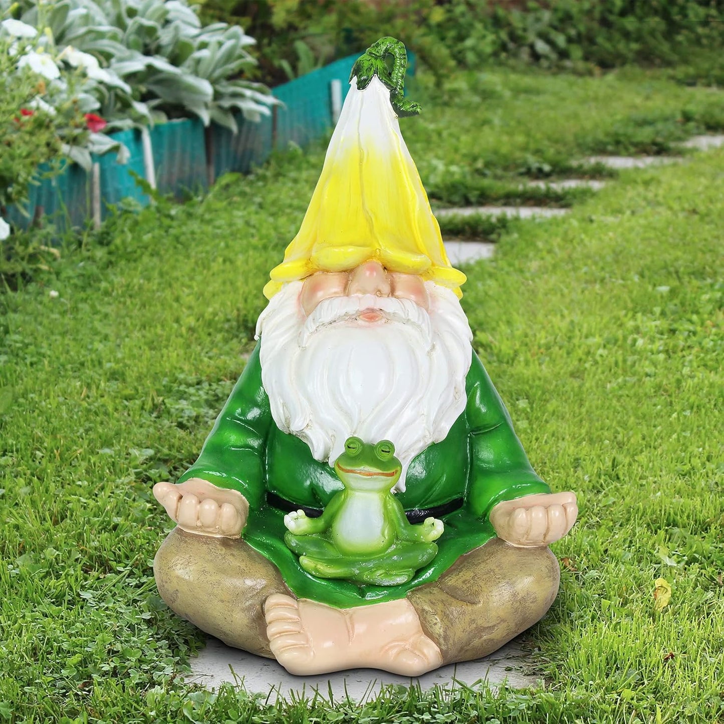 Exhart Solar Light-Up Meditating Gnome Statue w/LED Frog, Durable Resin Garden Décor, 8”x6.5”x10.5”