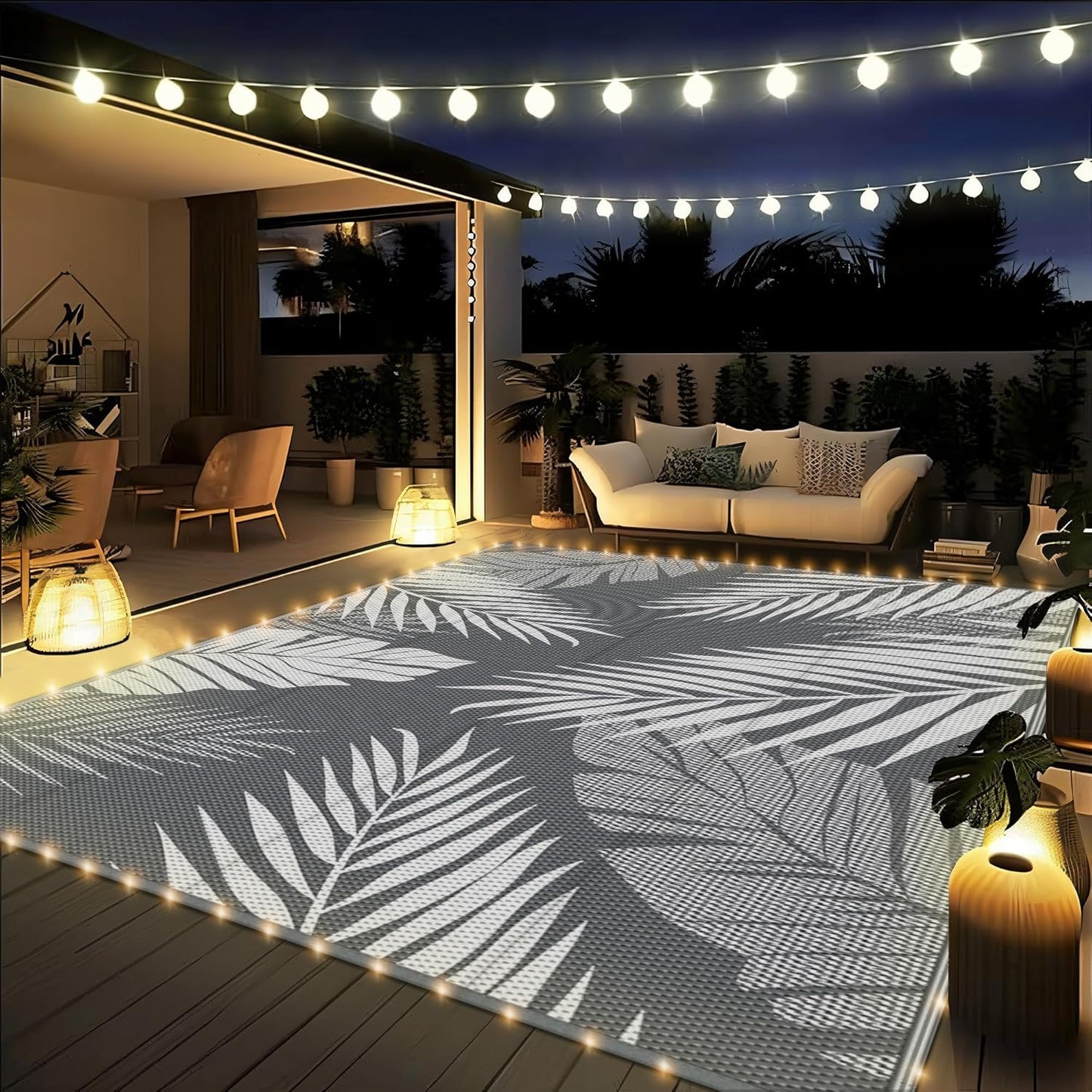 GENIMO Outdoor Rug 9' x 12' Waterproof for Patios Clearance, Reversible Outdoor Plastic Straw Camping Rug Carpet with LED String Light, Area Rugs Mats for RV, Camper, Deck, Balcony, Porch, Grey&White