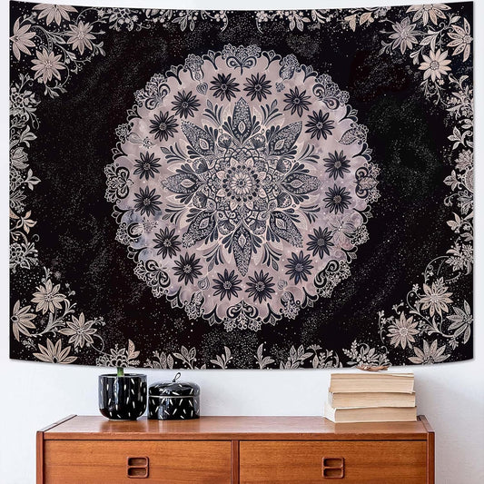 Fowocu Boho Floral Mandala Tapestry Wall Hanging Grey Bohemian Flower Medallion Tapestry Aesthetic Gray Black Hippie Indian Small Tapestries for Bedroom Living Room Dorm Decor 60 x 44 Inch