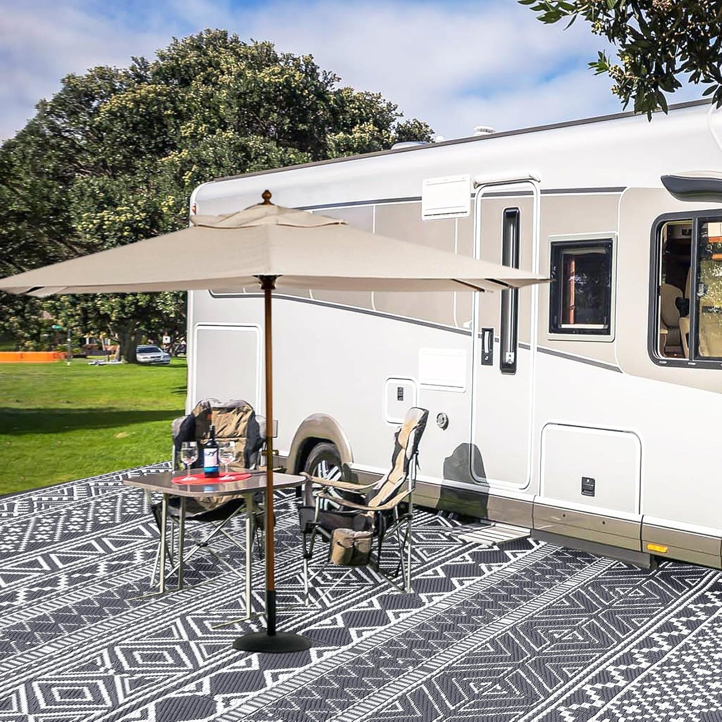 GAOMON Reversible Outdoor Rug 9'x18' Waterproof Plastic Straw Rug, Patio Rug, Large Modern Area Rug Carpet, Indoor Outdoor Rugs for Camping, Porch, Deck, Balcony, Backyard, Grey/White(Bohemia)