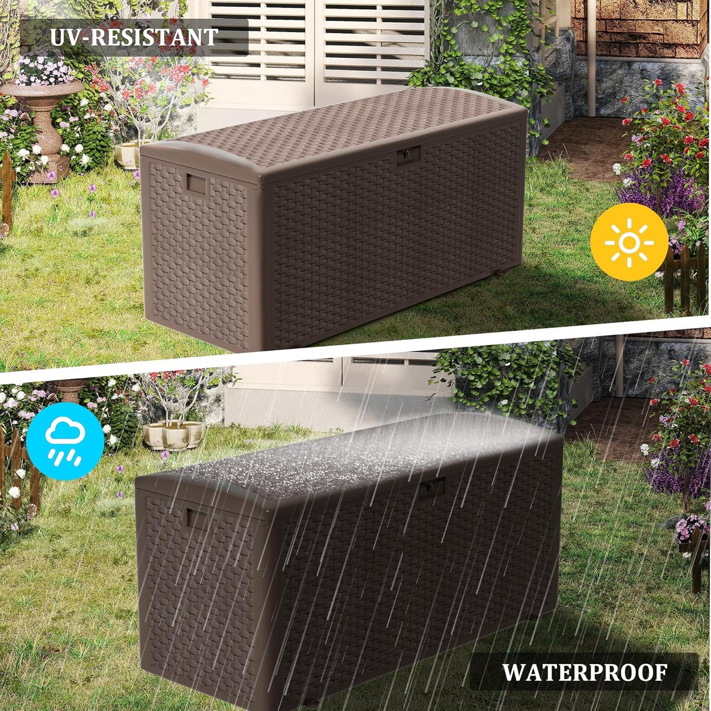 180 Gallon Pro Outdoor Storage Box Waterproof Lockable Resin Deck Box Large, Patio Storage Bin for Pool Accessories Cushion Furniture, Garden Tools, UV-Resistant Outside Delivery Brown