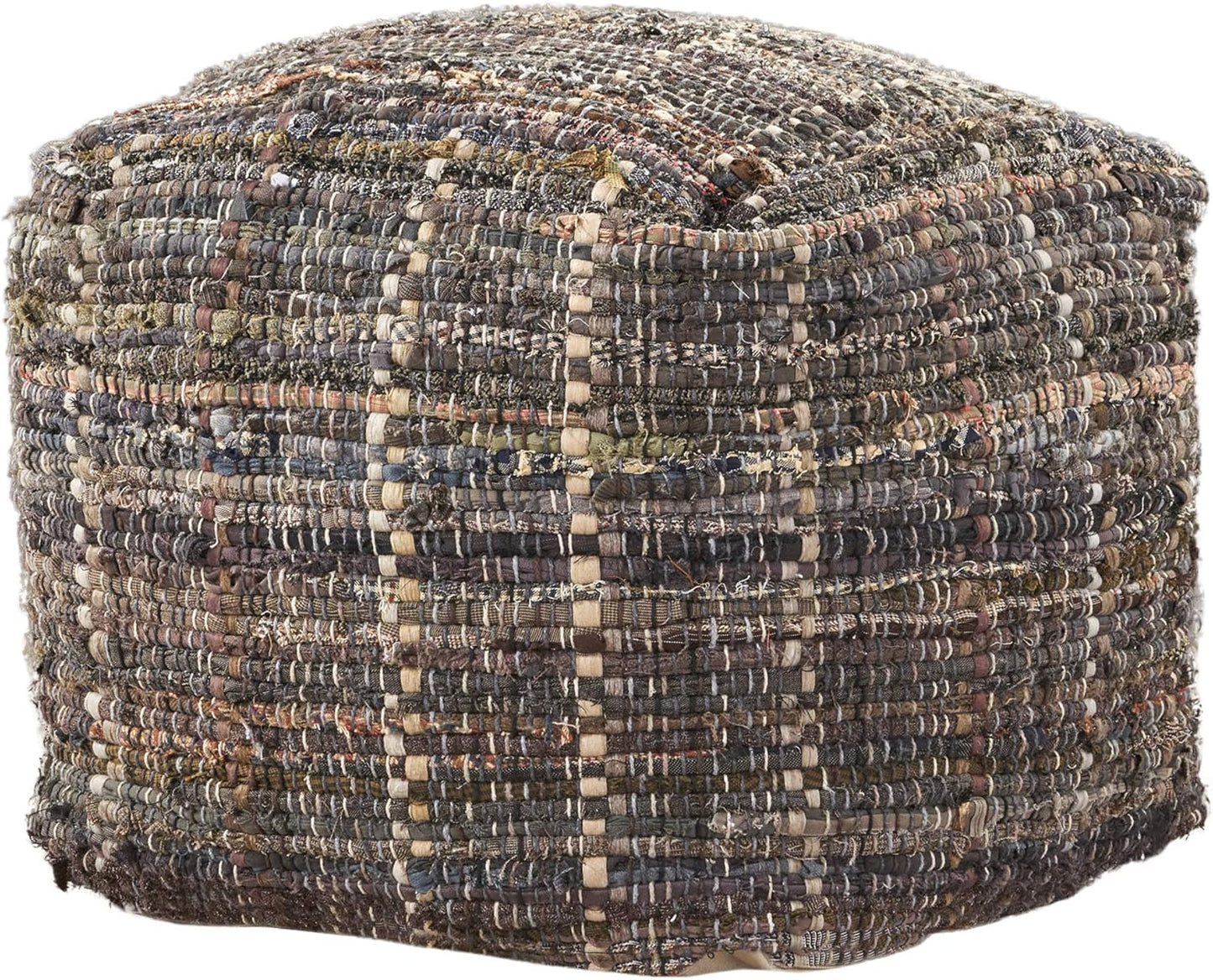 GDFStudio Boho Handmade Fabric Cube Pouf Ottoman Foot Stool - Bean Bag Floor Chair - Foot Rest Couch for Living Room Bedroom Khaki,16" x 16" x 16"