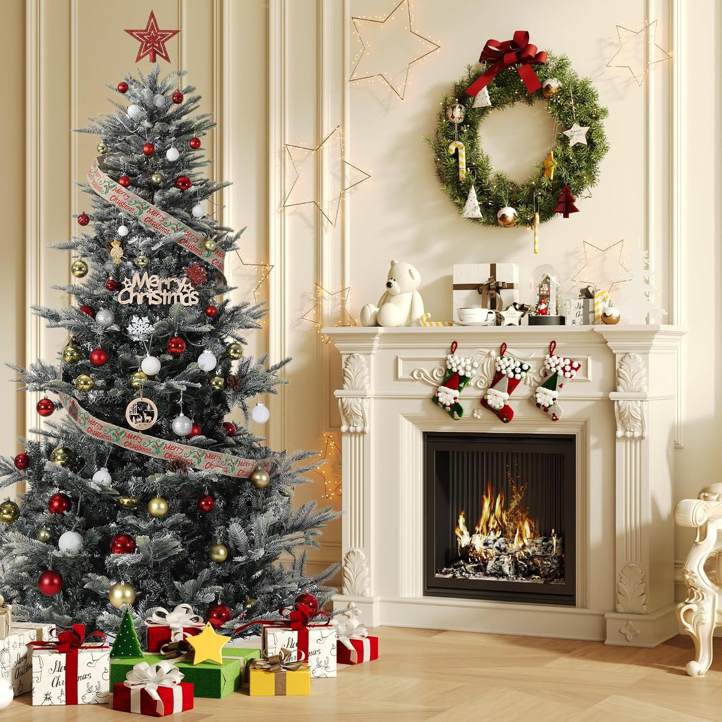 GarveeHome 7.5 FT Lighted Aspen Fir Christmas Tree,Flocked Green Artificial Christmas Tree with Warm White & Twinkle Lights for Indoor,Outdoor, Holiday Décor, Metal Hinges, Foldable Base