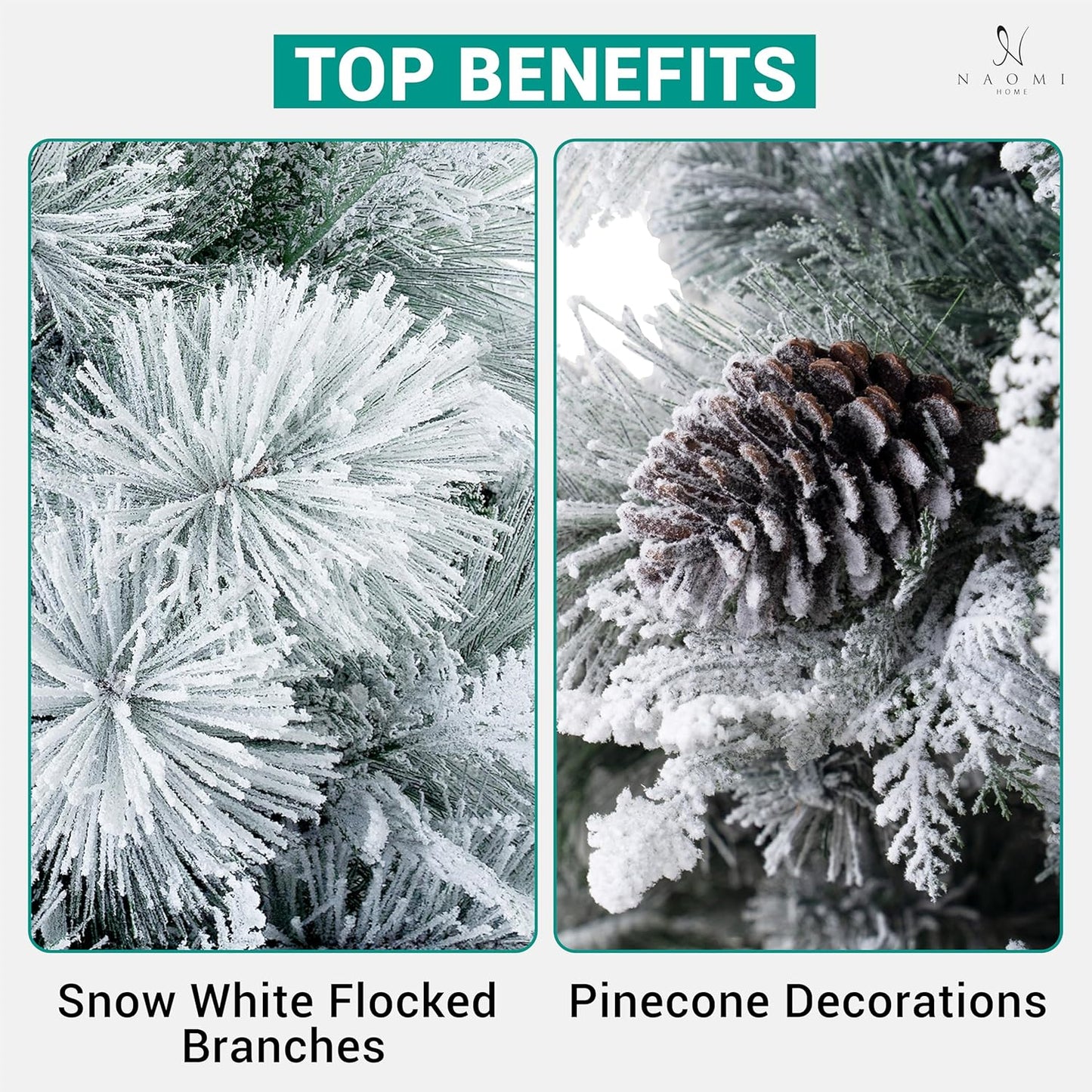 Darla 9ft Snow Flocked Prelit Artificial Christmas Tree with Star Projector, 58 Pine Cones, 1612 Branch Tips, 720 Warm Lights and Metal Stand, 58" Wide Snowy Frosted Pine Christmas Tree with Lights