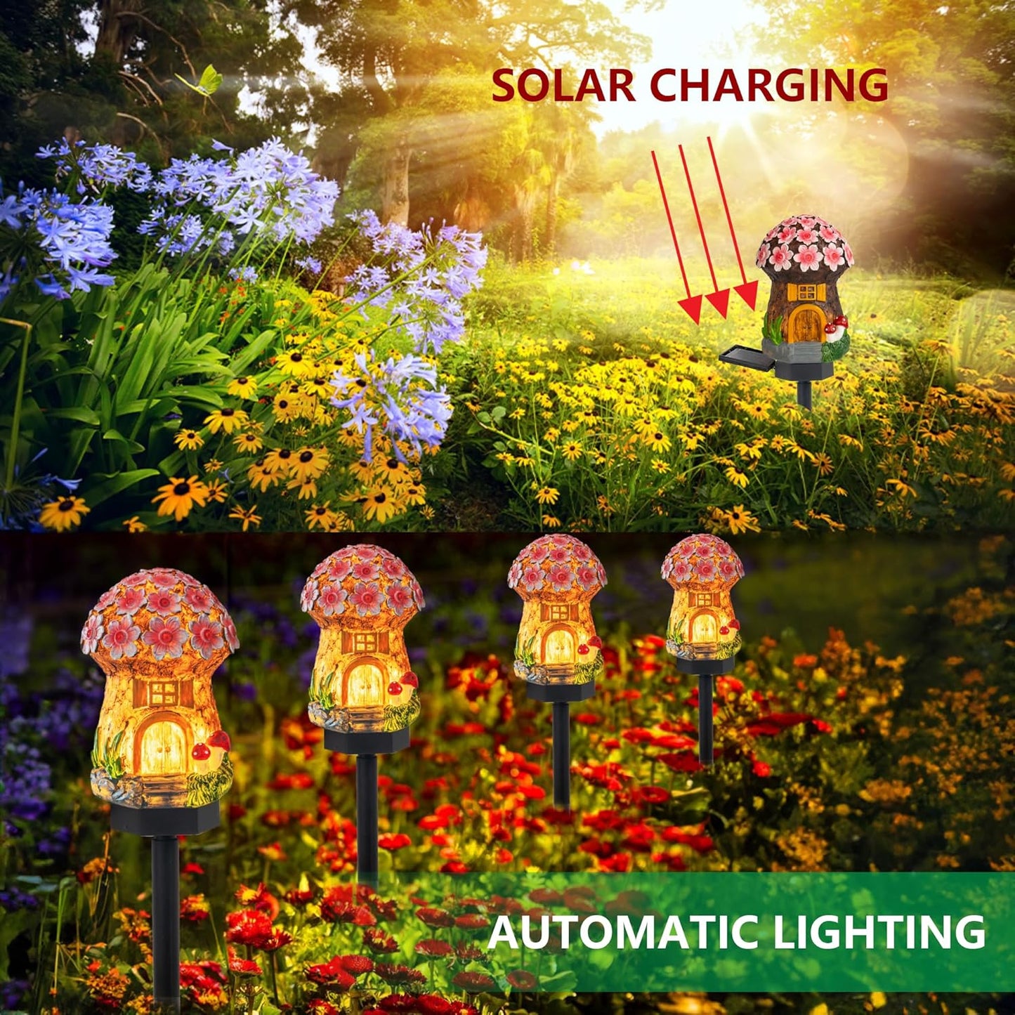 Dazzle Bright Solar Mushroom Lights Fairy Garden Lights for Home Decor Outdoor Decorative Stakes Mushroom House Solar Powered LED Landscape Lighting for Lawn, Walkway, Patio, Yard