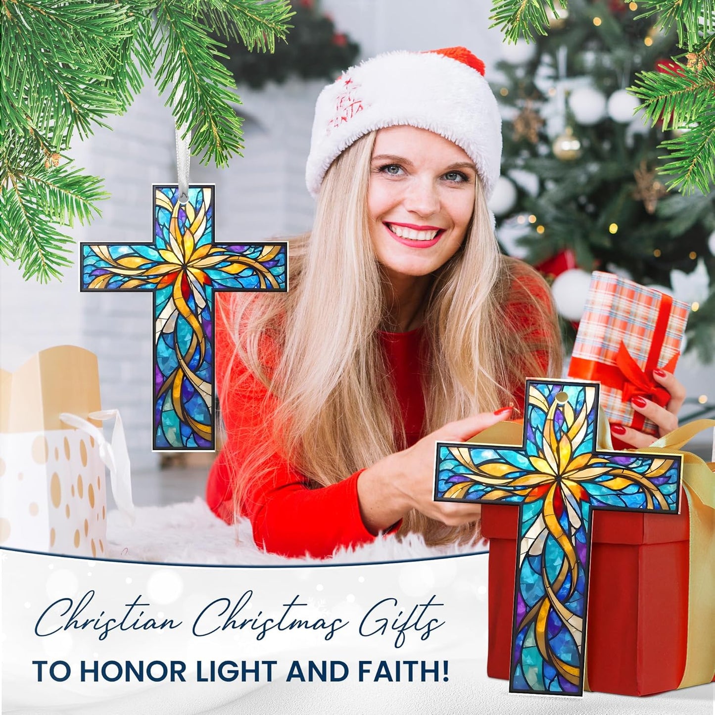 FLAGWIX Christian Gifts for Women Men - Acrylic Christmas Ornaments 2025 - Catholic Spiritual Religious Gifts for Women Mom Grandma, Cross Ornaments for Christmas Tree, Religious Gift, Cross Ornament