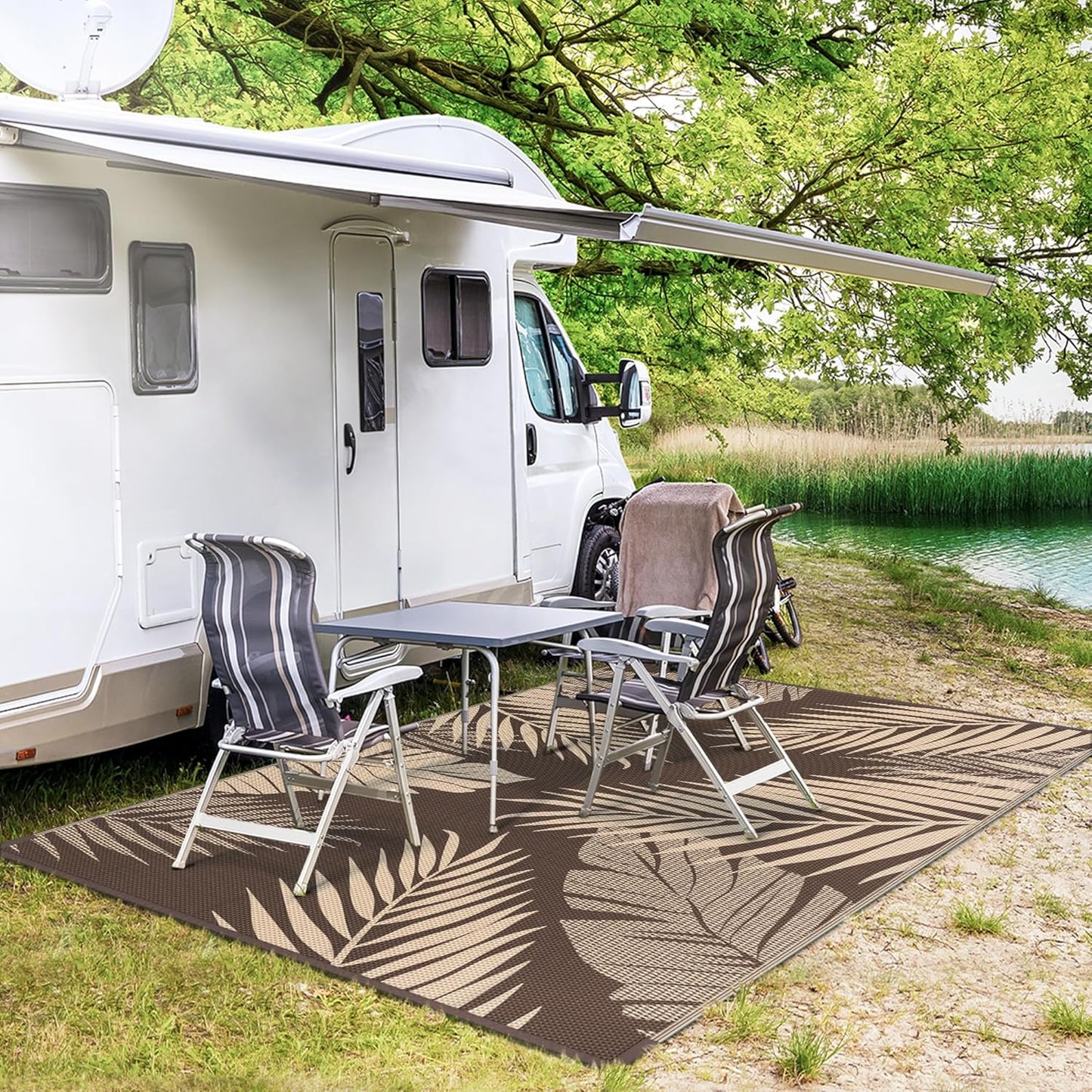 GENIMO Outdoor Rug 6' x 9' Waterproof for Patios Clearance, Reversible Outdoor Plastic Straw Camping Rug Carpet, Large Area Rugs Mats for RV, Camper, Deck, Balcony, Porch, Beach, Picnic, Coffee&Beige