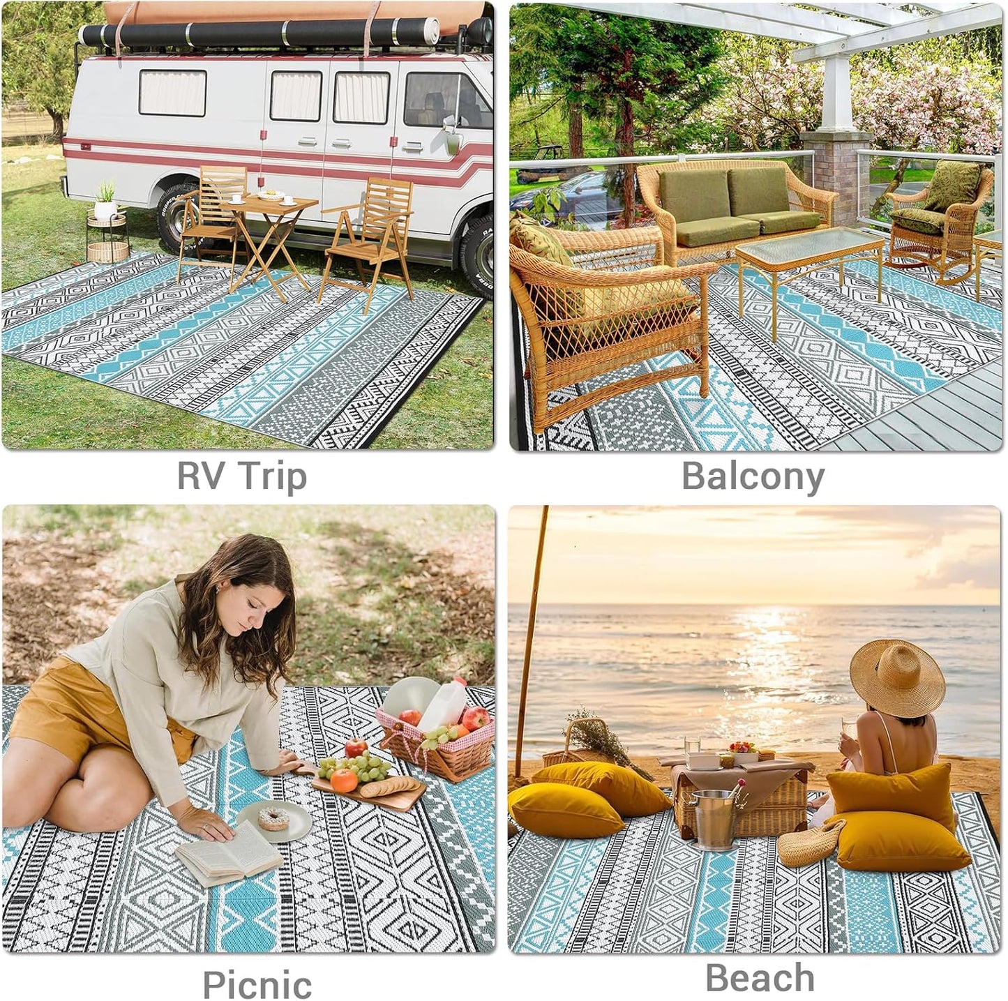 GAOMON Outdoor Rug 9'x12' Waterproof Rug for Patio Decor, Foldable Reversible Plastic Straw Area Rugs Mat for Camper, Outside Carpet for Deck, Porch, Picnic, Beach, Blue/Grey(Bohemia)