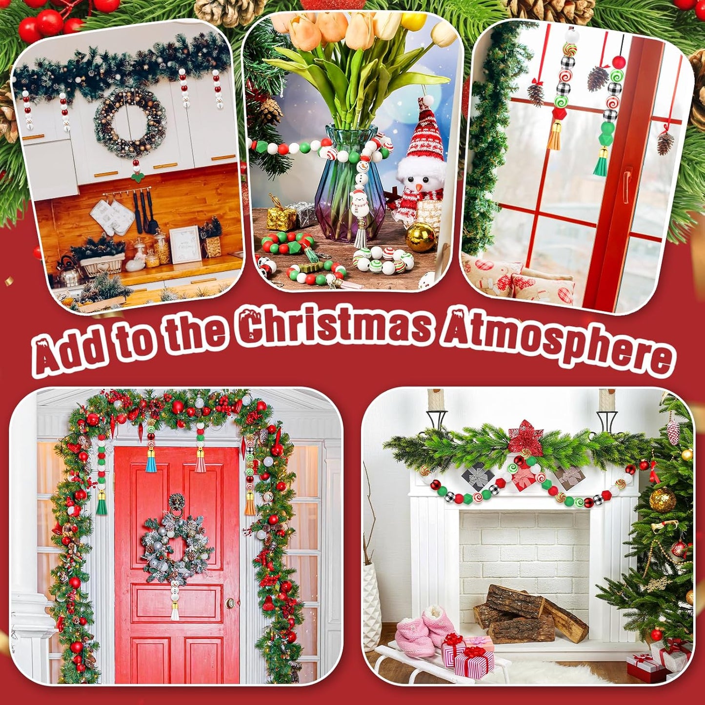 217 PCS Christmas Silicone Beads Bulk, 15mm Silicone Beads Xmas Christmas Wooden Beads Candy Cane Wood Beads Loose Rubber Beads Abacus Focal Beads for Keychain Necklace Making Pens Crafts Ornament