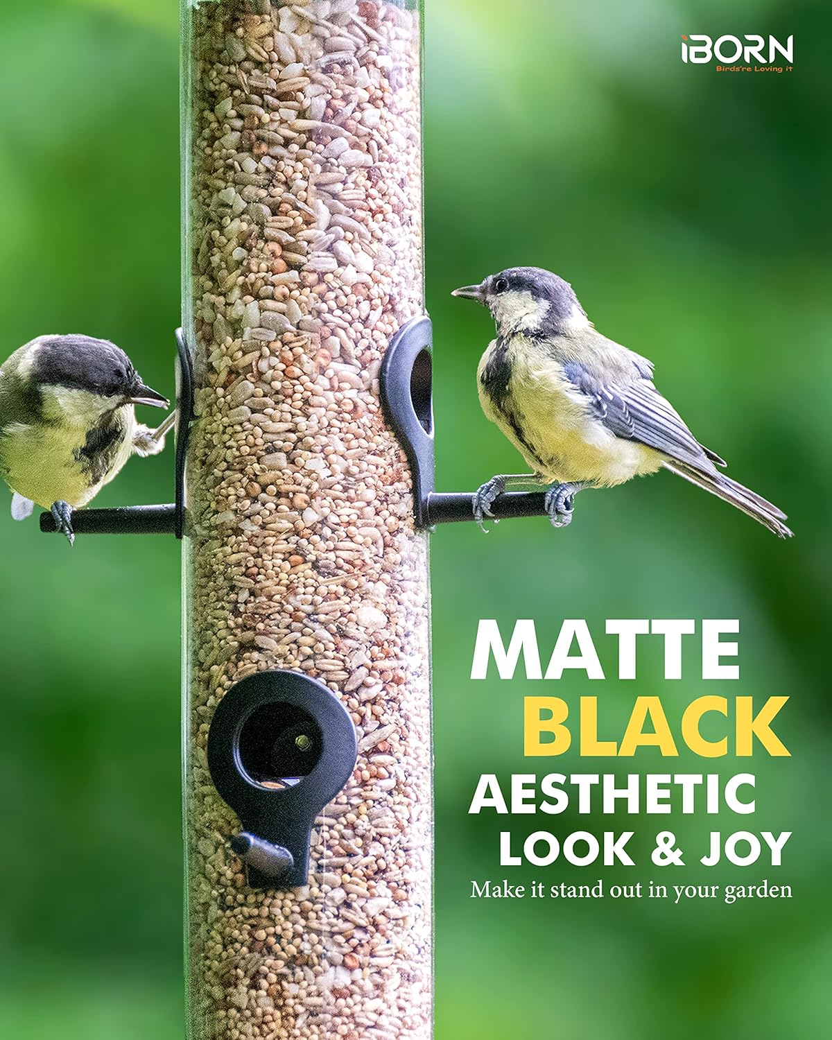 iBorn Metal Bird Feeder Hanging Wild Bird Seed Feeder for Mix Seed Blends Heavy Duty All Metal Black Finish,14 Inch 6 Port,Pack of 2