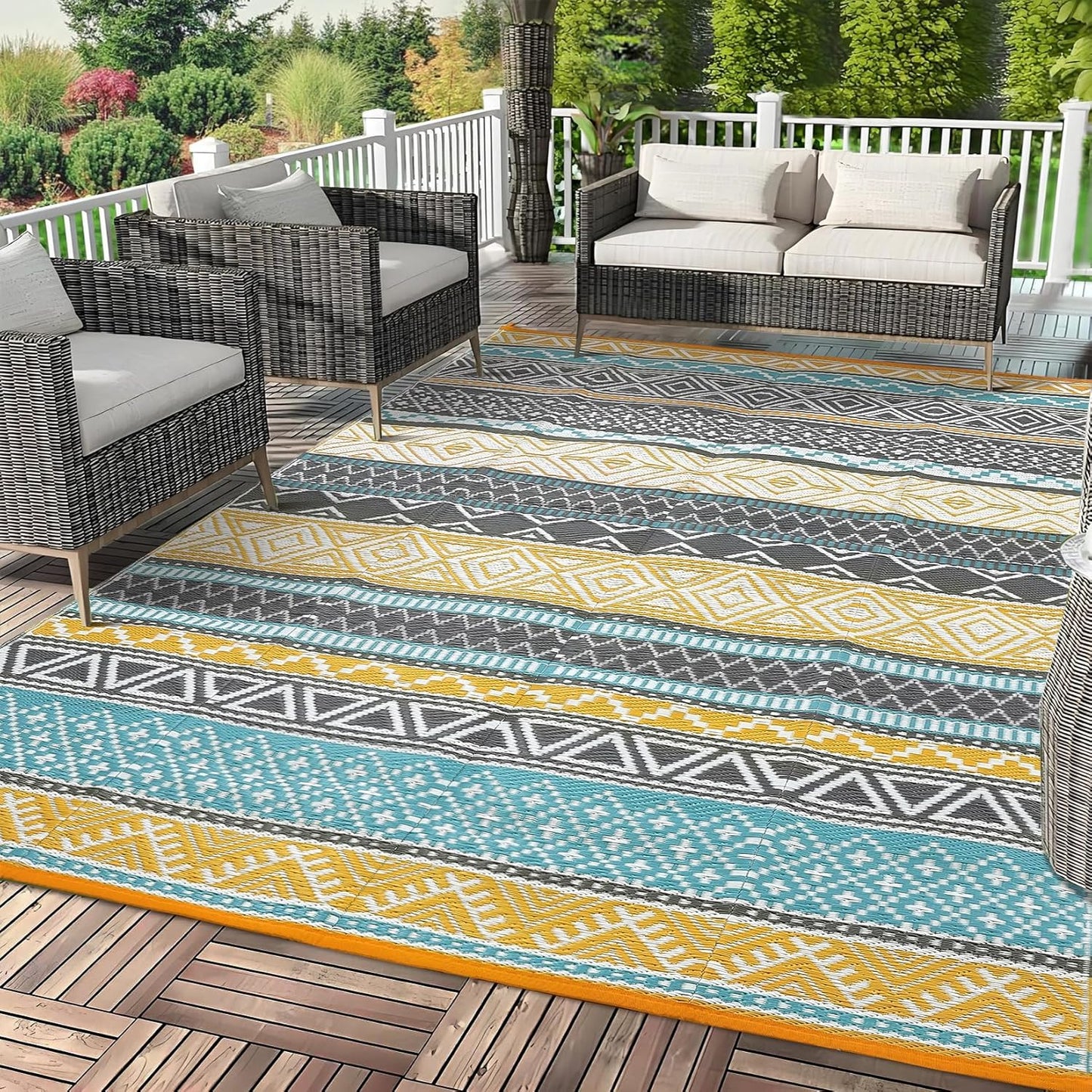 GAOMON Outdoor Plastic Straw Rug, 10'x20' Reversible Sage Green Patio Mat, Flower Modern Design for RV, Backyard, Deck, Camping, Picnic, Teal/Yellow(Bohemia)