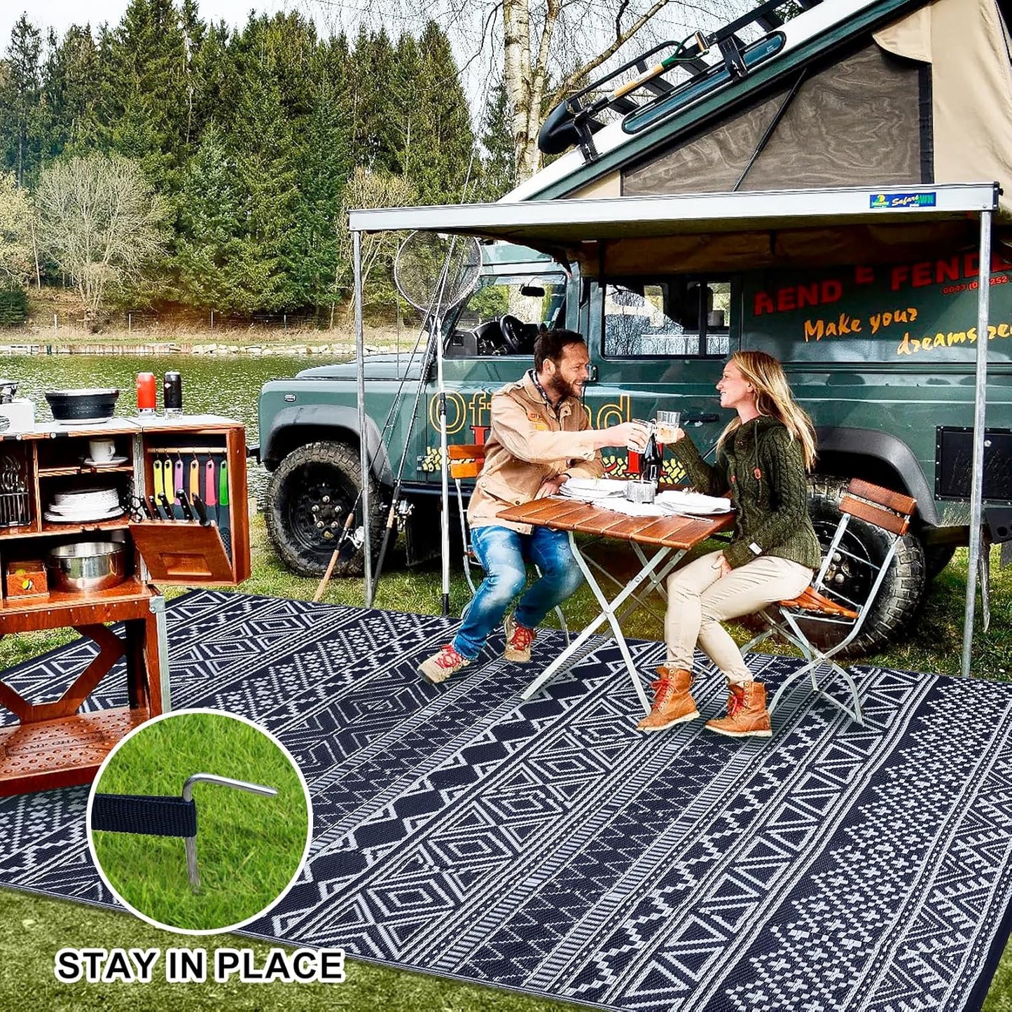 GAOMON Outdoor Rugs Patio Camping Waterproof Rug 6'x9' Plastic Straw Patio Rug Portable for Campers, Outside RVs Mat for Patios Clearance, Backyard Porch, Balcony, Dark Blue/White(Bohemia)