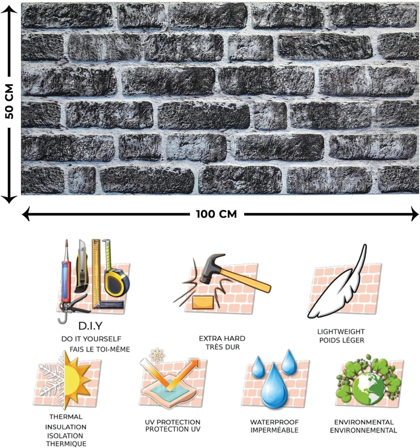 Dundee Deco 3D Wall Panels Faux Brick - Cladding, Charcoal White Stone Look Wall Paneling, Styrofoam Facing for Living Room, Kitchen, Bathroom, Balcony, Bedroom, Set of 10, Covers 54 sq ft
