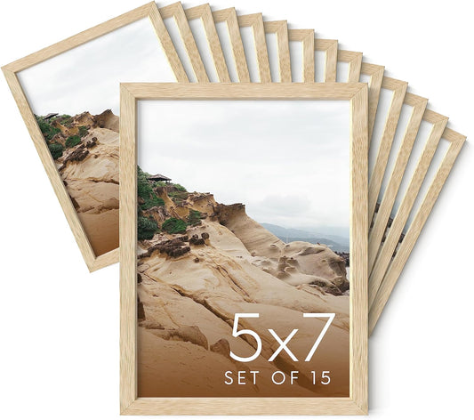 Haus and Hues 5x7 Natural Oak Wood Photo Frame Set of 15 - Mini Picture Frames Bulk Gallery Set - Premium Bulk Picture Frames 5x7 for Stylish Photo Gallery Wall Frame Set - Ideal for Home & Office