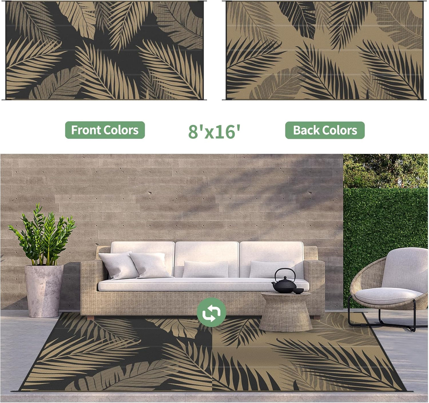 GENIMO Outdoor Rug 8' x 16' Waterproof for Patios Clearance, Reversible Outdoor Plastic Straw Camping Rug Carpet, Large Area Rugs Mats for RV, Camper, Deck, Balcony, Porch, Beach, Picnic, Black&Brown