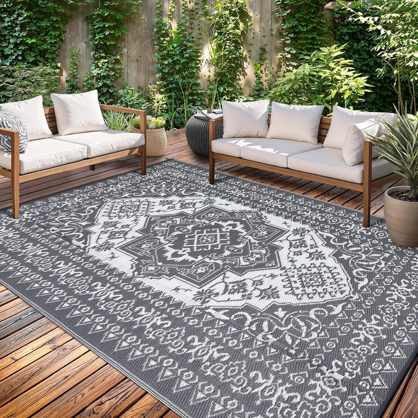 GAOMON Outdoor Patio Rug 9x12 Waterproof Reversible Plastic Straw Rug, Large UV-Resistant Portable RV Camping Mats, Indoor Outdoor Rugs for Outside Deck Porch Garden RV, Gray & White