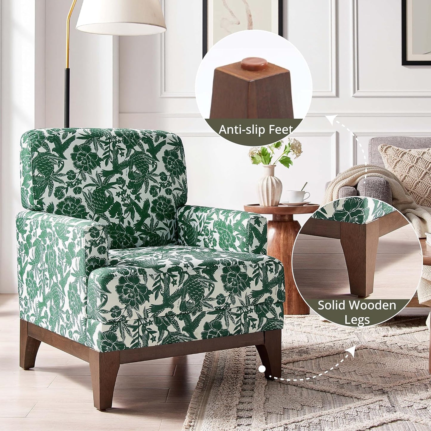 Floral Accent Armchair, Retro Wingback Upholstered Armchair with Wide Dipped Back Design and Wooden Legs, High Back Armchair, Leisure Single Sofa Chair for Living Room, Bedroom, Balcony, Green