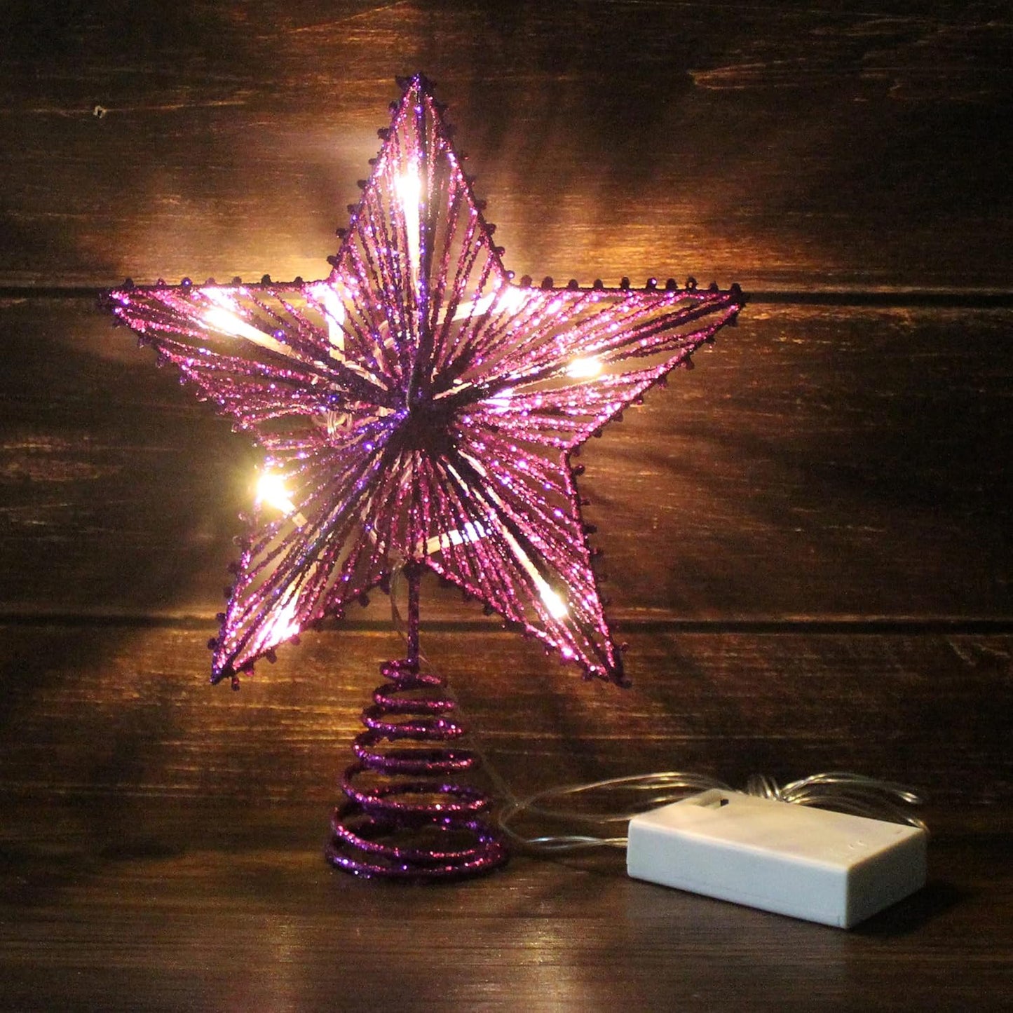 CVHOMEDECO. Violet Glittered 3D Tree Top Star with Warm White LED Lights and Timer for Christmas Tree Decoration and Holiday Seasonal Décor, 8 x 10 Inch