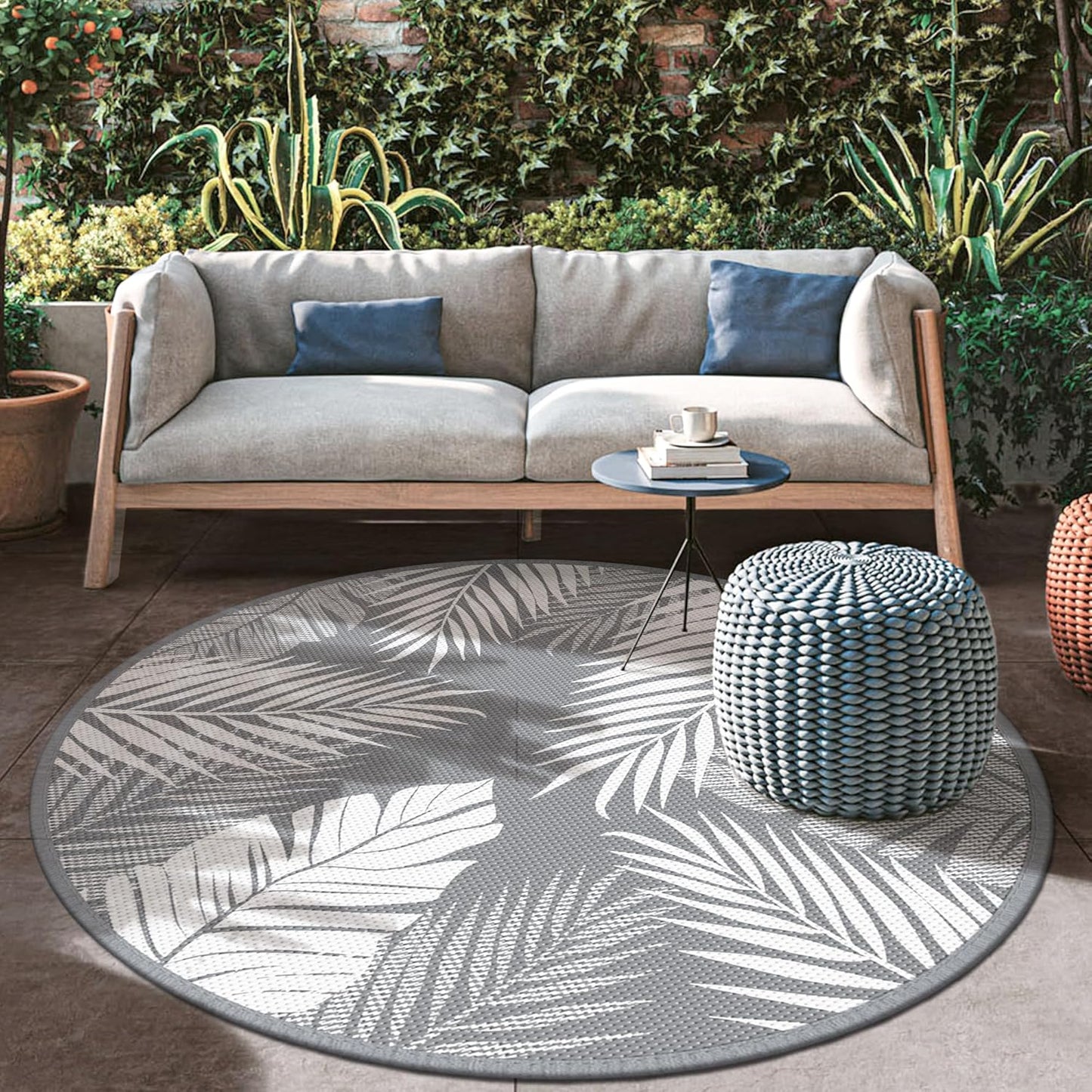 GENIMO Outdoor Rug 8' Round Waterproof for Patios Clearance, Reversible Outdoor Plastic Straw Camping Rug Carpet, Large Area Rugs Mats for RV, Camper, Deck, Balcony, Porch, Beach, Picnic, Grey&White