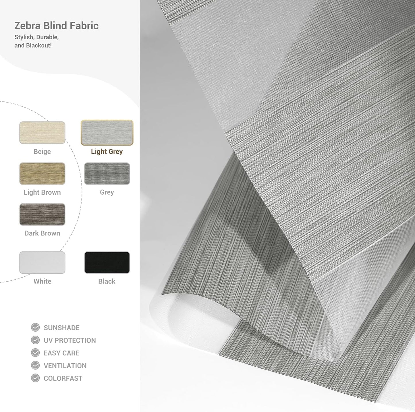 Cordless Zebra Blinds for Windows, Blackout Interior Blinds,Easy to Install,UV Protection,for Offices and Home,Custom Roller Shades, Mousse Light Grey,47" W x 88" H