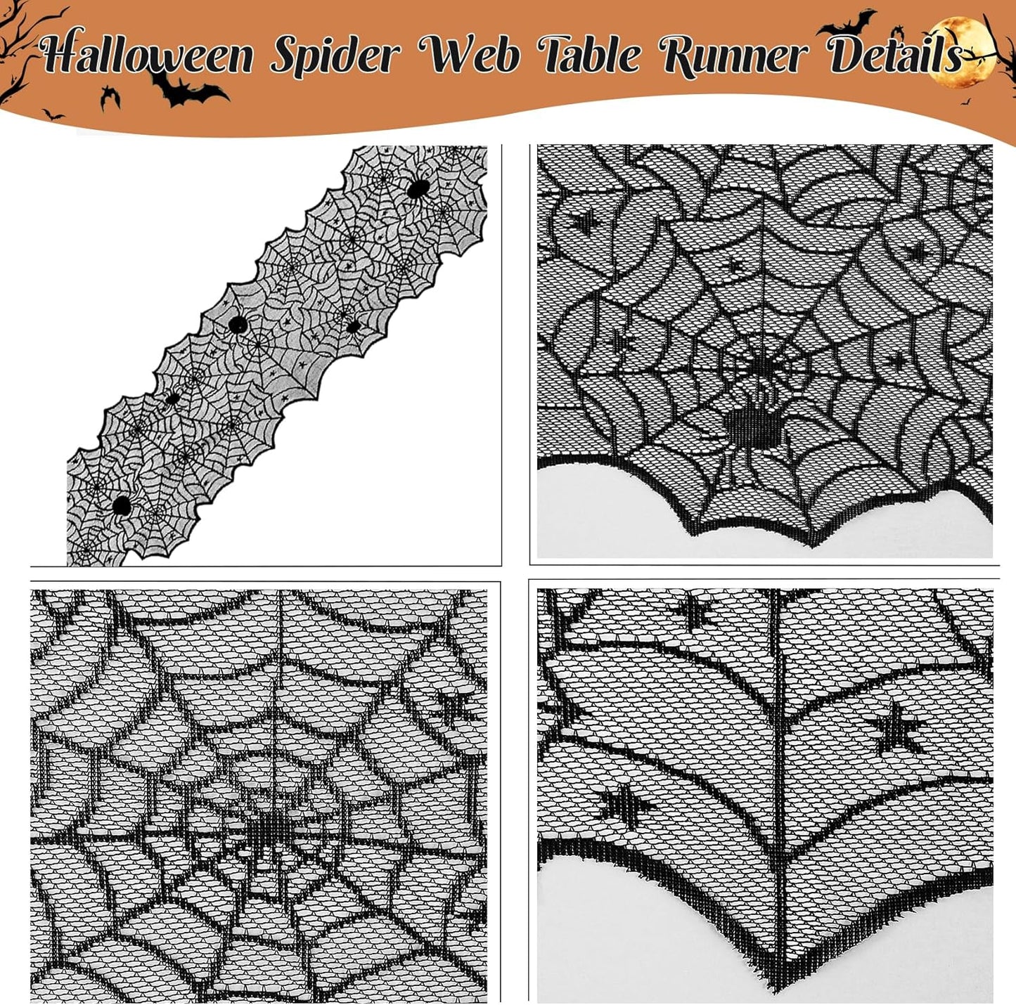 3 Pack Halloween Decorations Sets, Black Lace Spider Webs Table Runner & Halloween Cobweb Fireplace Scarf with 120 pcs 3D Bat for Halloween Indoor Decors Party Supplies