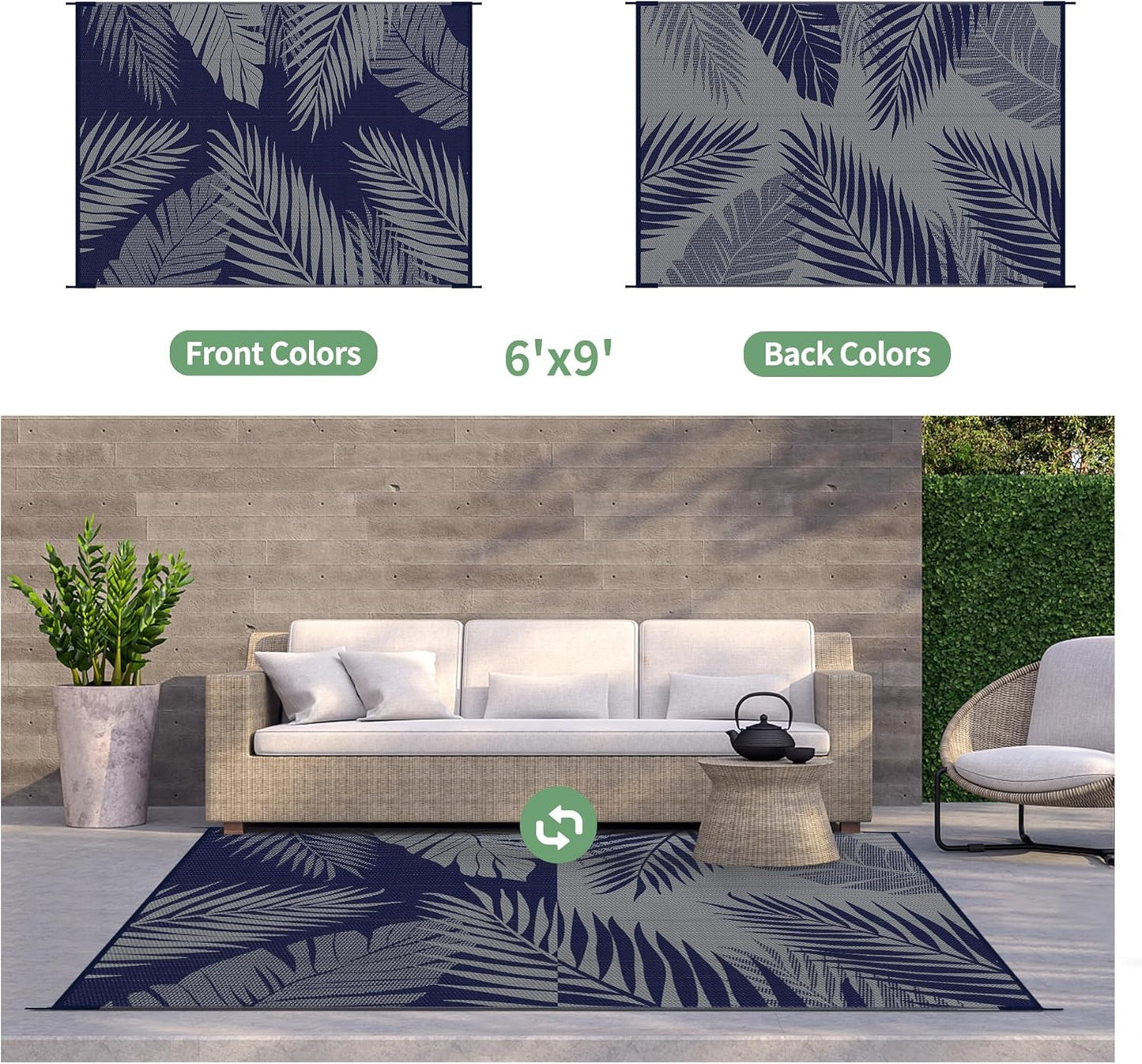 GENIMO Outdoor Rug 6' x 9' Waterproof for Patios Clearance, Reversible Outdoor Plastic Straw Camping Rug Carpet, Large Area Rugs Mats for RV, Camper, Deck, Balcony, Porch, Beach, Picnic Navy Blue&Grey