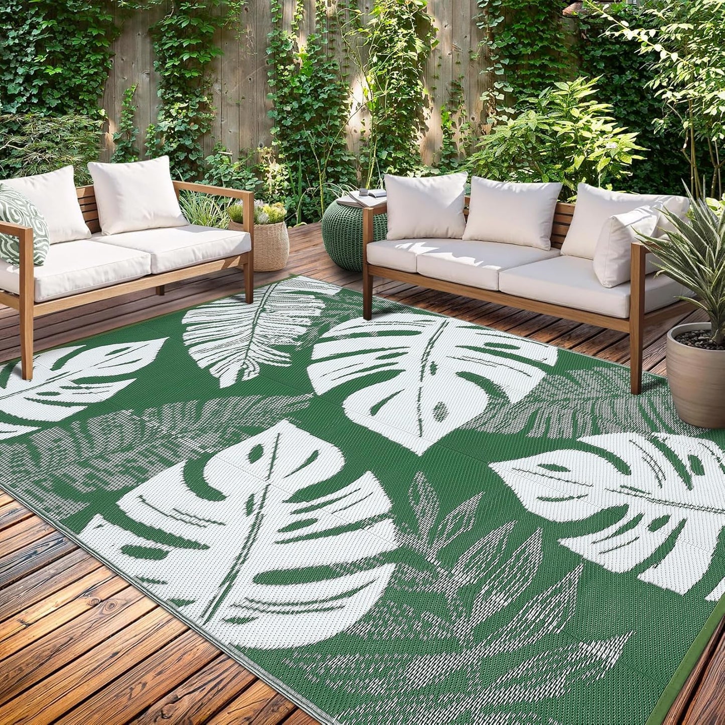 GAOMON Waterproof Plastic Straw Rug 9x12 Outdoor Patio Rug, Reversible Modern Camping Mat with Bag & Stakes, UV Resistant & Easy to Clean Outdoor Carpet for RV, Deck, Balcony, Green