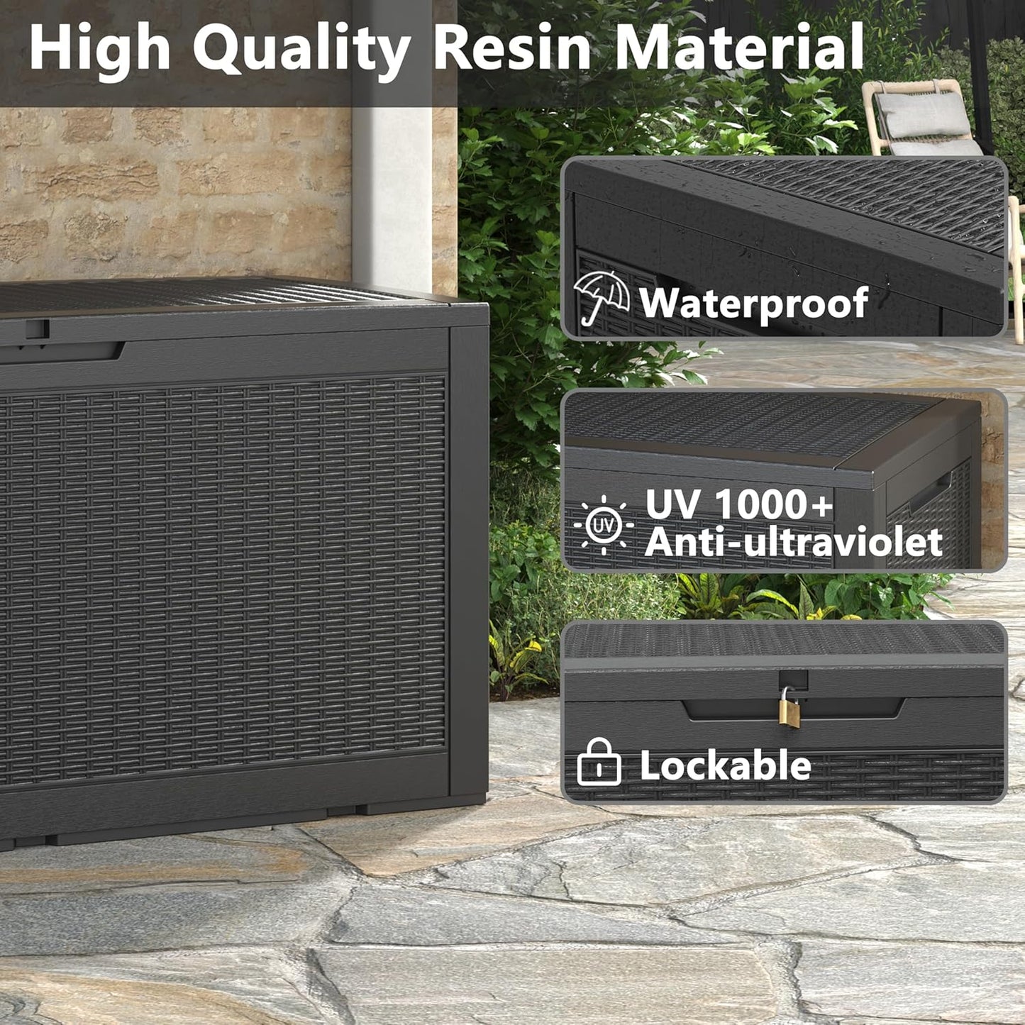 100 Gallon Deck Box Lockable Resin Outdoor Storage Box waterproof Outdoor Container for Patio Furniture Cushions, Pillow