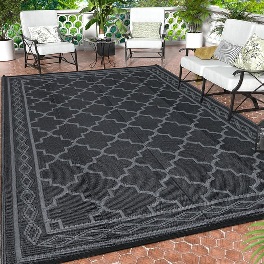 GAOMON Outdoor Plastic Straw Rug, 10'x14' Reversible Sage Green Patio Mat, Flower Modern Design for RV, Backyard, Deck, Camping, Picnic, Black/Grey(Geometric)