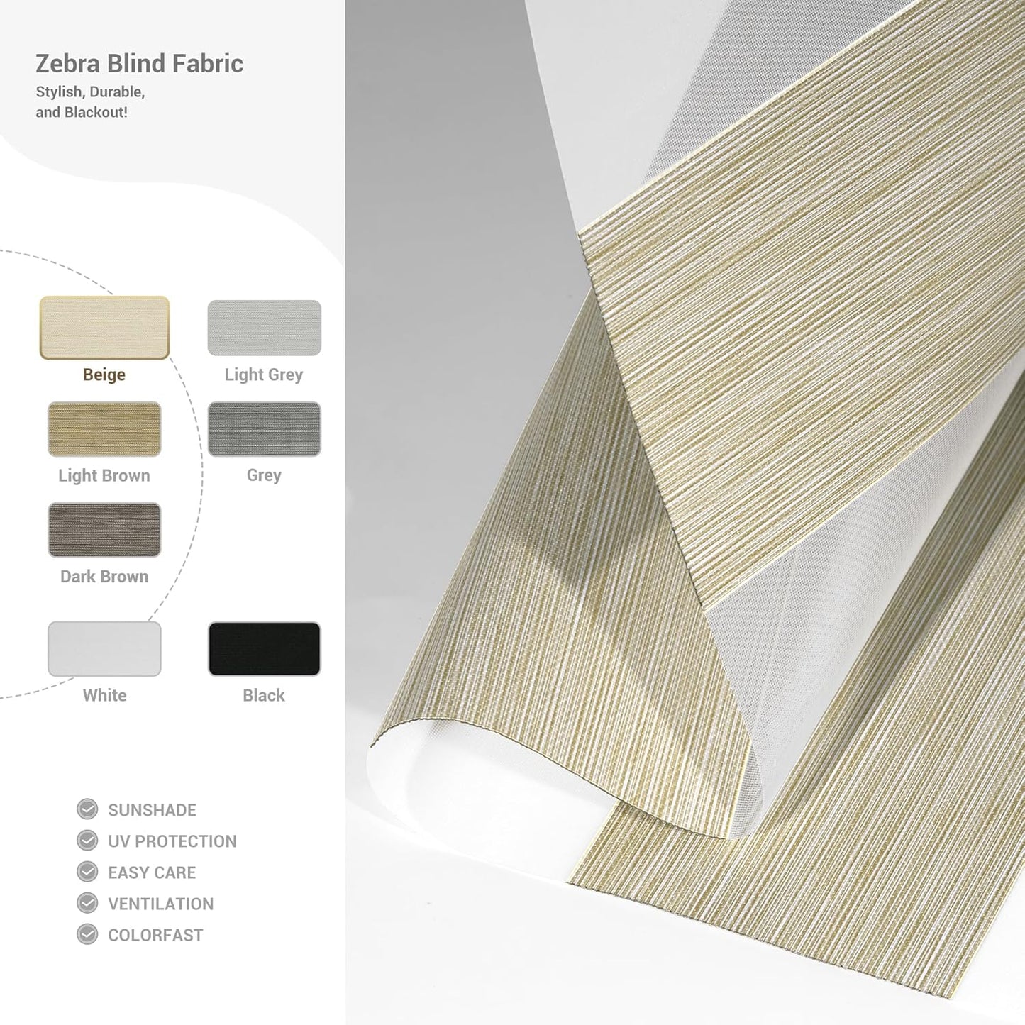 Cordless Zebra Blinds for Windows, Blackout Interior Blinds,Easy to Install,UV Protection,for Offices and Home,Custom Roller Shades, Mousse Beige,54" W x 88" H