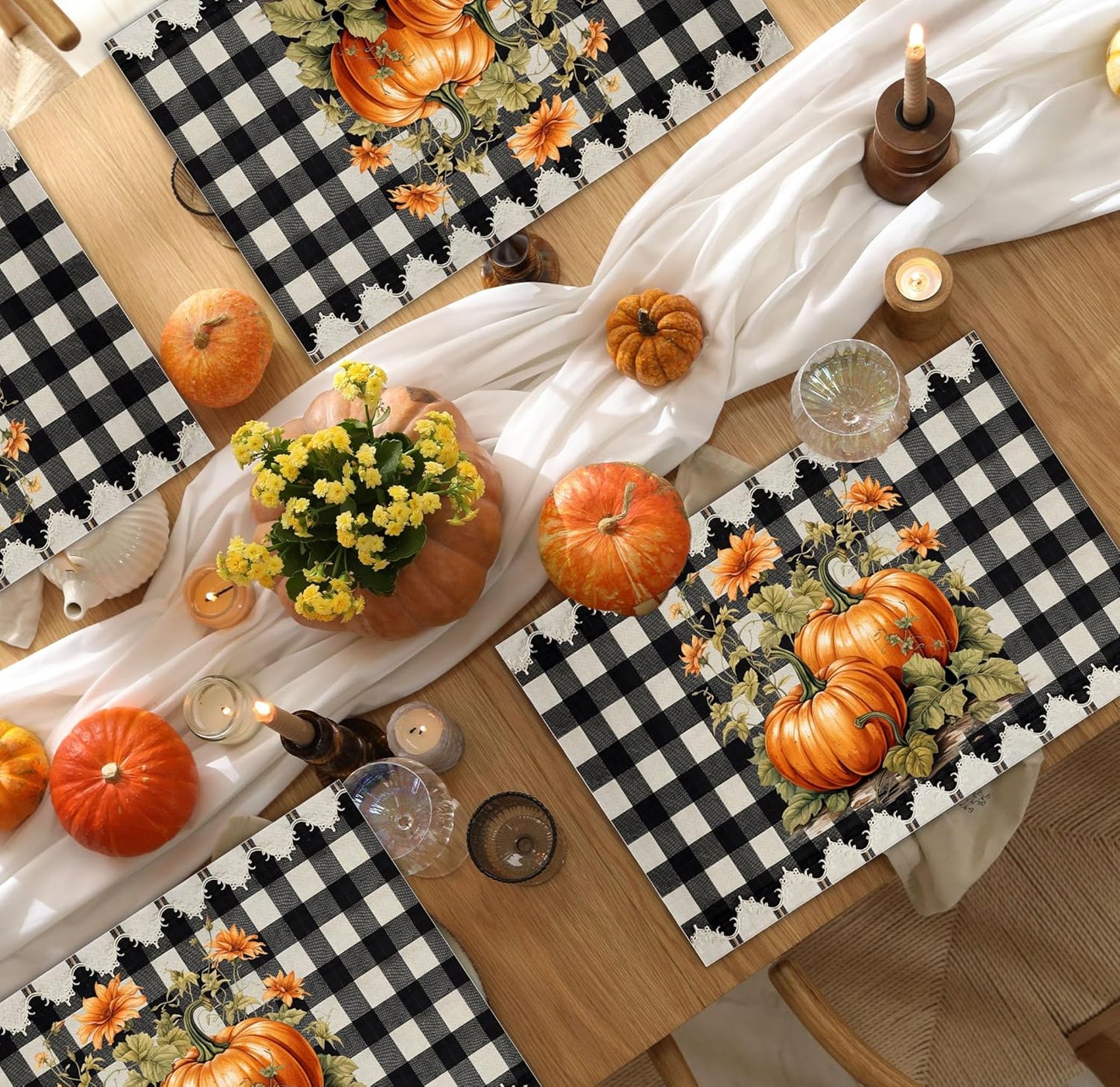 Halloween Pumpkin Placemats Set of 4, 12x18 Inch Pumpkin Plaid Table Mats, Washable Heat Resistant Place Mats for Kitchen Dining Table, Halloween Themed Decoration for Home-B07