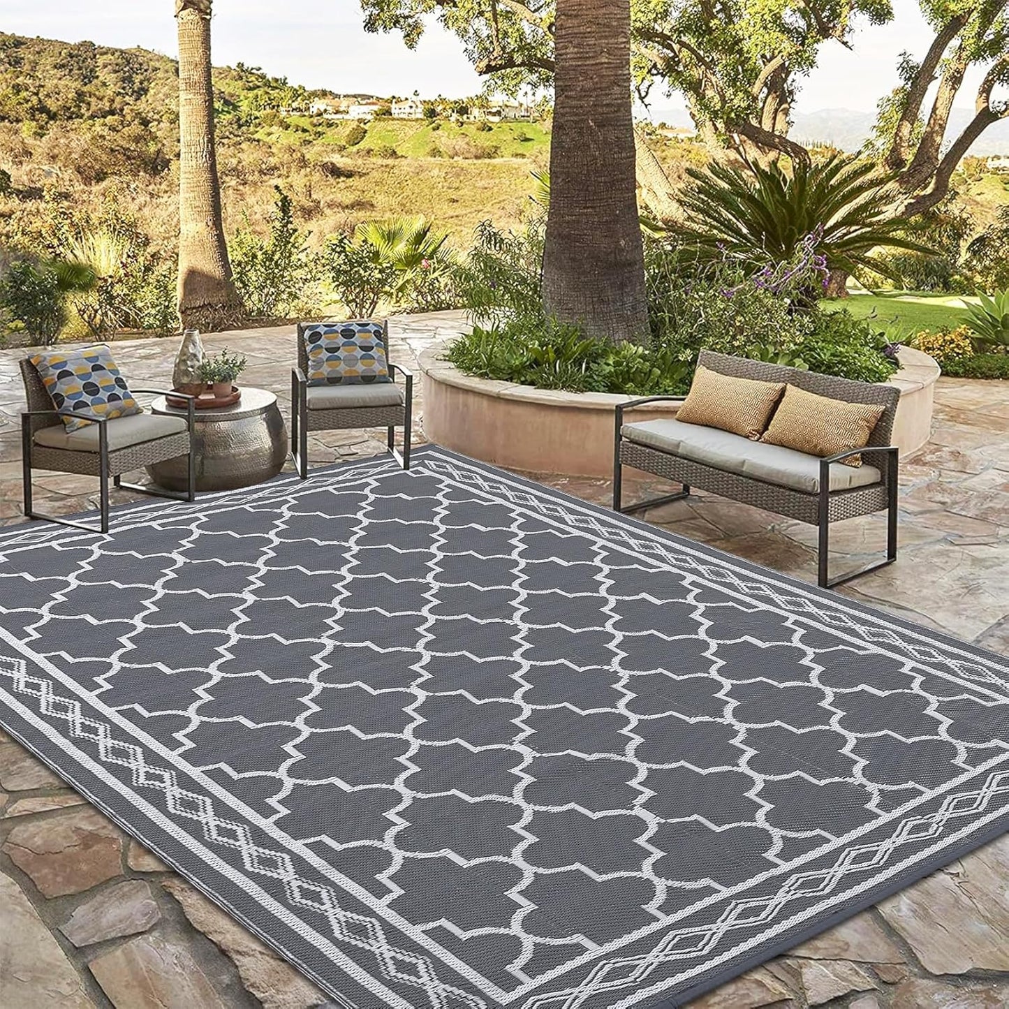 GAOMON Outdoor Rug Waterproof 8'x10', Reversible Outdoor Plastic Straw Rug, Boho Patio Rug, Indoor Outdoor Carpet, RV Mat Outside for Patio, Camp, Picnic, Balcony, Deck, Grey/White(Geometric)