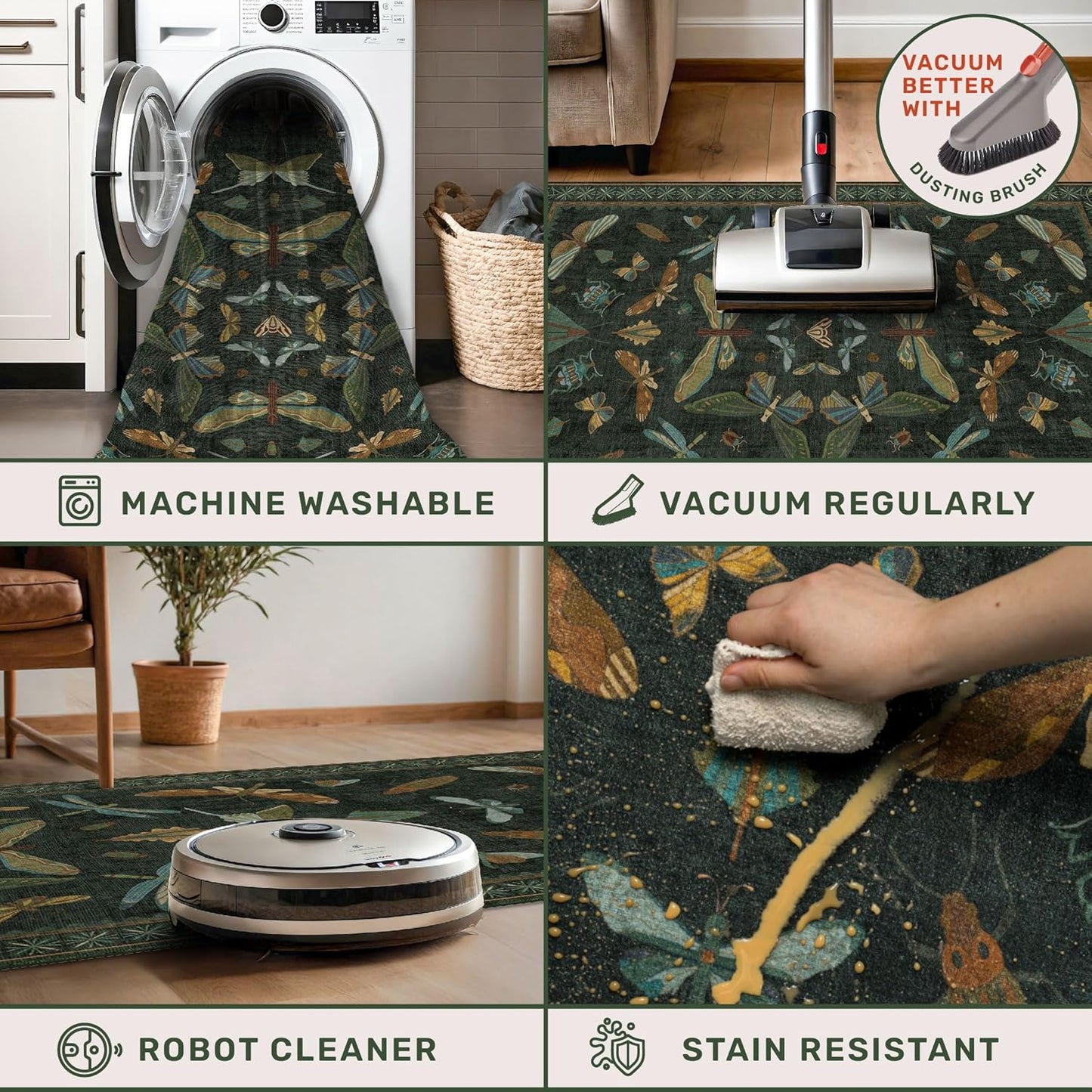 Dark Green Bug Area Rugs 8x10 for Living Room, Dining Room Under Table, Bedroom, Unique Washable Floral Non Slip Floor Insect Carpet with Butterfly, Bee, Moth, Dragonfly