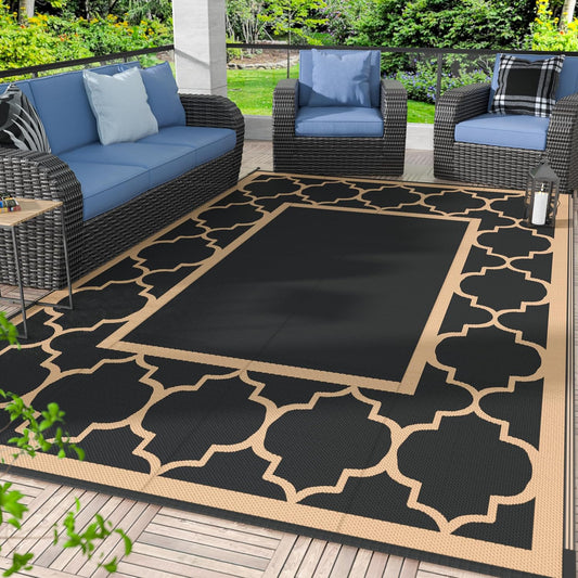GENIMO 4 ' x 6 ' Outdoor Rug for Patio Clearance, Waterproof Indoor Outdoor Plastic Straw Rugs Carpet, Reversible Outside Area Rv Mat for Camping, Balcony Porch, Deck, Picnic, Beach (Black & Brown)