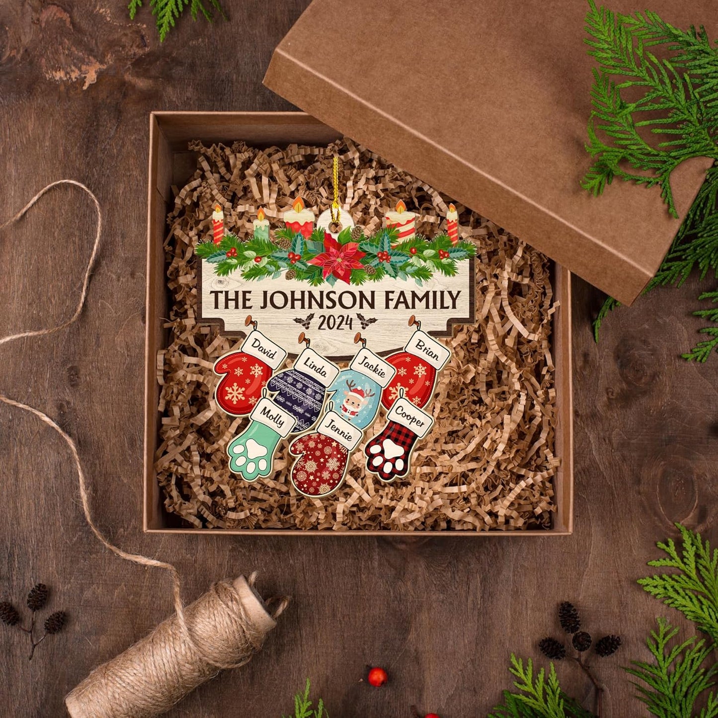 Family with Pet Ver 2 - Personalized Custom Wood Ornament, Family Gloves Christmas Ornament 2024, Xmas Ornament Gifts for Family Tree Decoration (A06, 6 Names)