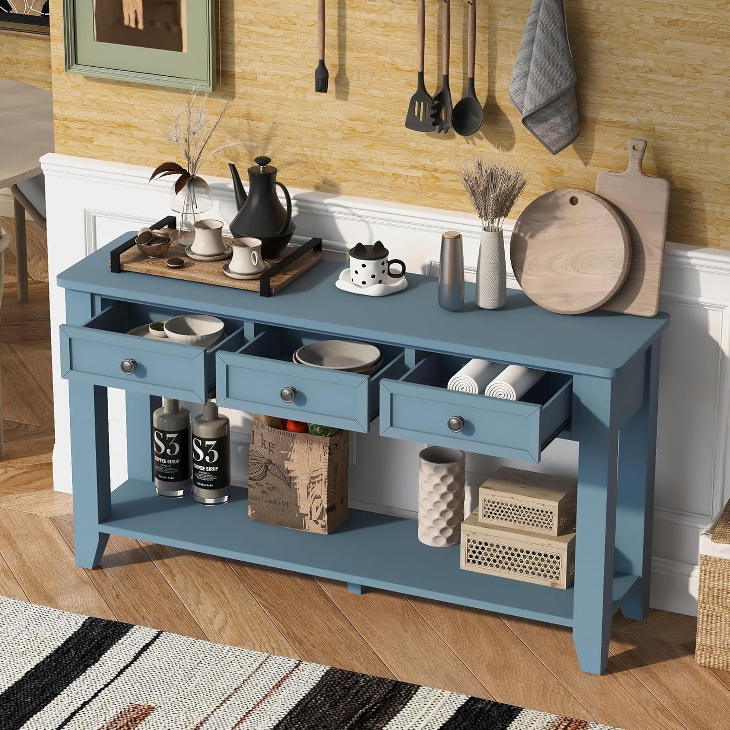 Farmhouse Modern Entryway Console Table 55.4'' Long Entry Sofa Table with Drawers & Storage Shelf for Living Room Hallway, Blue