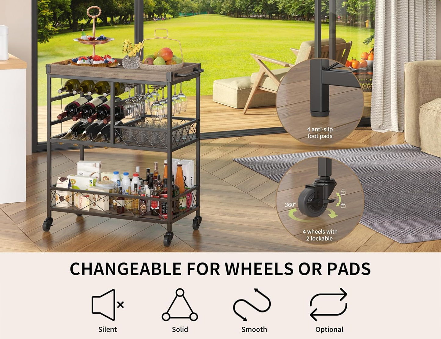 Gizoon Rolling Bar Cart, a Versatile Beverage Cart with a Removable Tray, 12-Bottle Wine Rack, and Glass Holder, The Bar Cart is Perfect for Kitchen, Dining Room, or Outdoor Use (Gray)