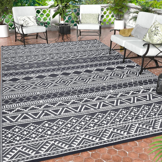 GAOMON Reversible Outdoor Rug 9'x18' Waterproof Plastic Straw Rug, Patio Rug, Large Modern Area Rug Carpet, Indoor Outdoor Rugs for Camping, Porch, Deck, Balcony, Backyard, Grey/White(Bohemia)