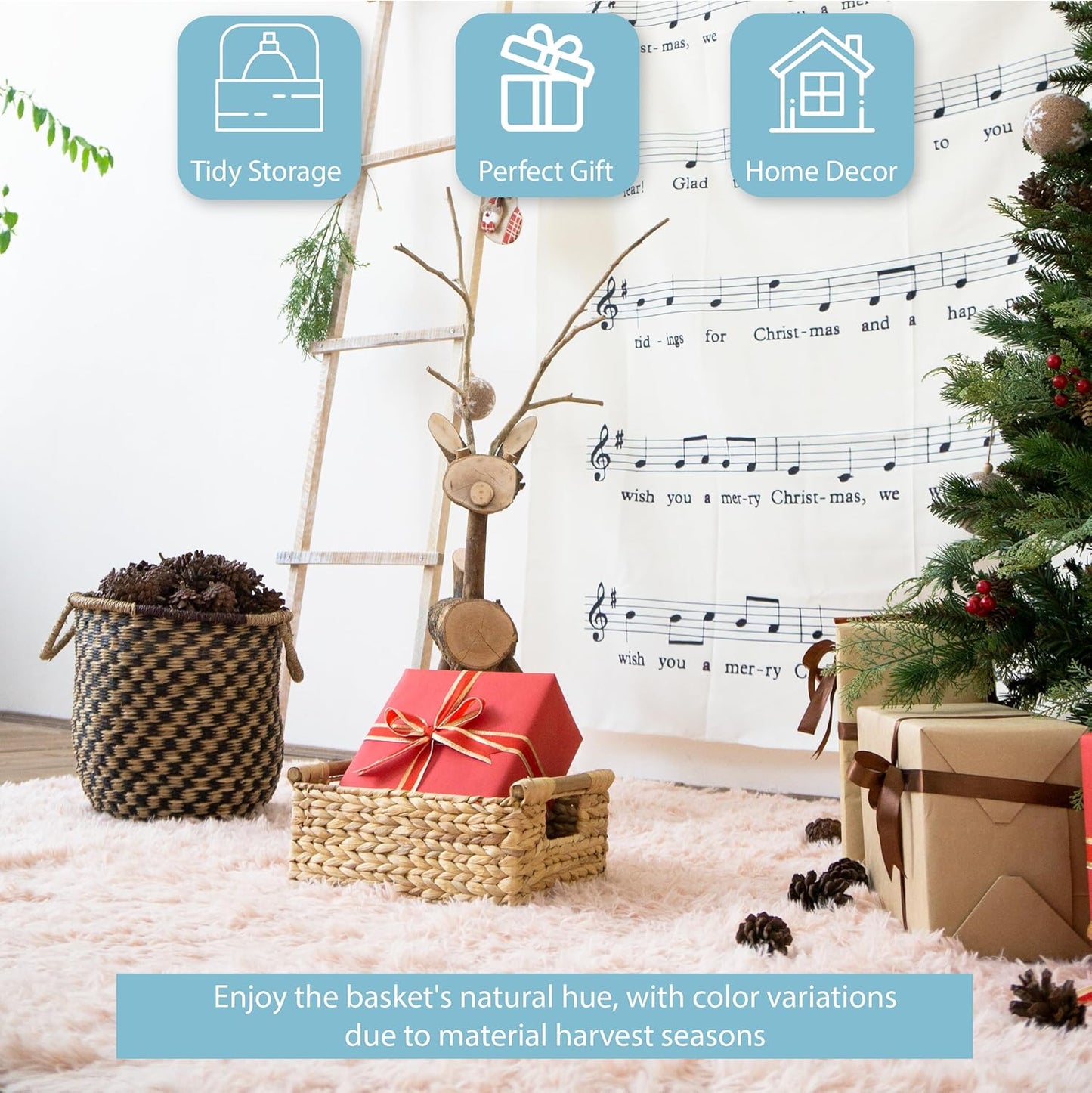 VATIMA Hyacinth Small Wicker Basket 11.6x8.1x4.9" - Bathroom Organizer, Wooden Handle, Decorative Storage