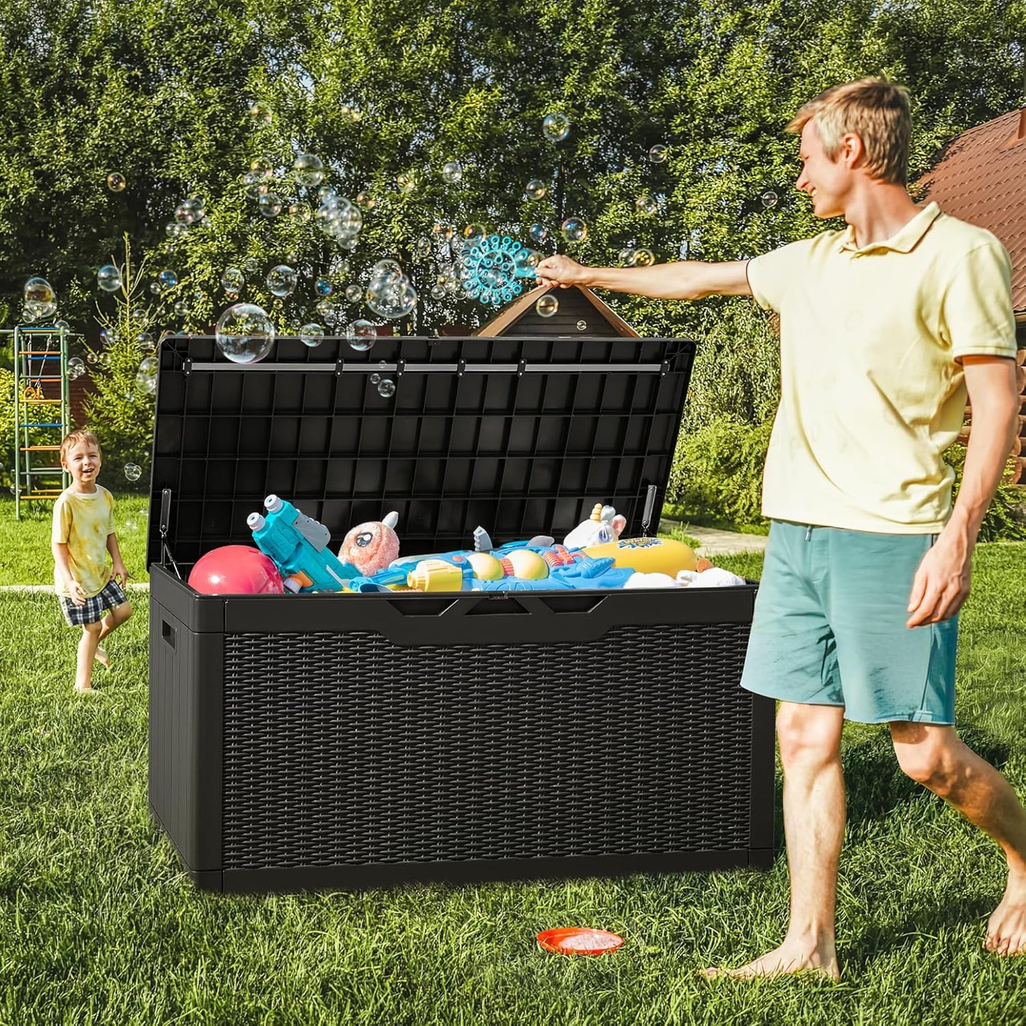 Greesum 100 Gallon Resin Deck Box Large Outdoor Storage with Cushions for Patio Furniture, Garden Tools, Pool Supplies, Weatherproof and UV Resistant, Lockable, Black