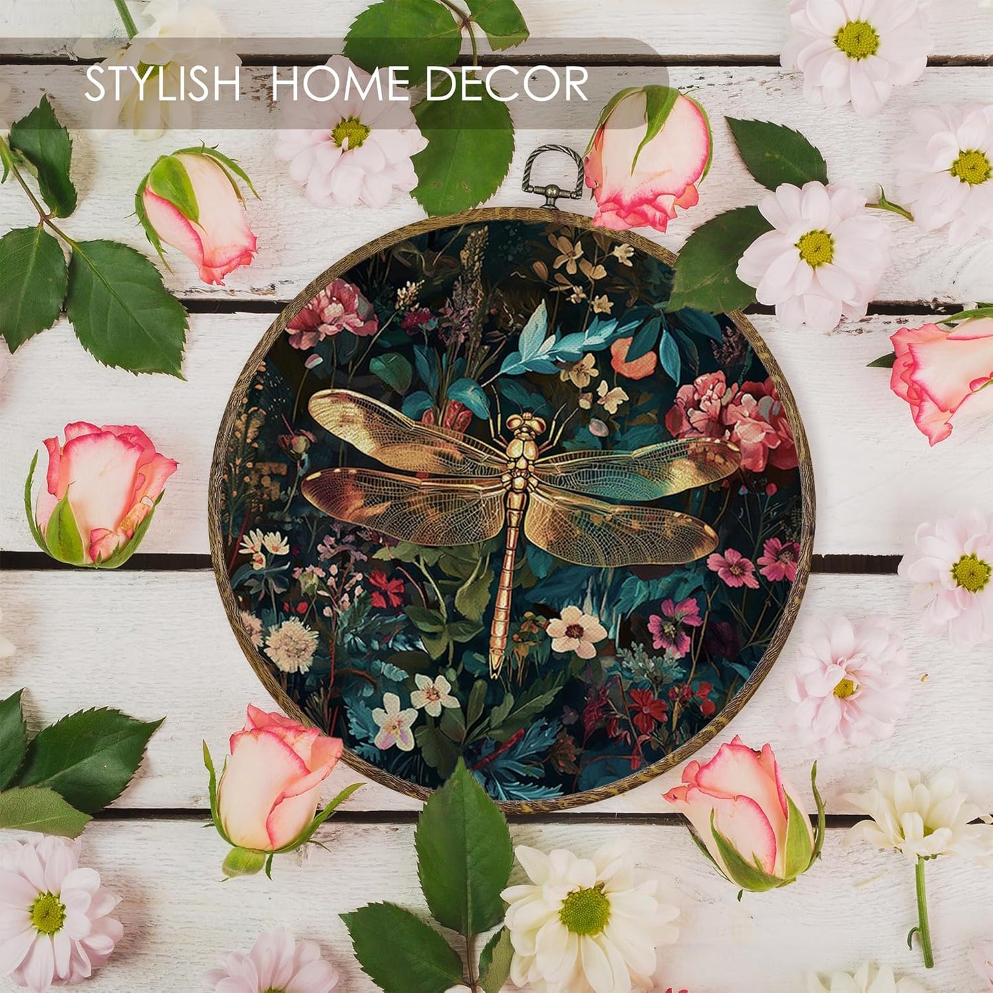 Fewgb Vintage Dragonfly Round Wall Art Decor Framed for Gallery Bedroom Living Room Kitchen Bathroom, Dark Black Floral Canvas Wall Art Prints Picture, Flower Hanging Room Decor Artwork 10x10