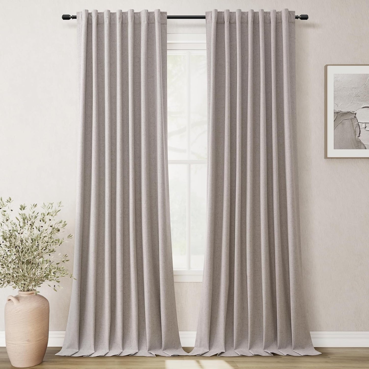 100 Inch Blackout Curtains 2 Panels Set Back Tab Thermal Insulated Brownish Grey Linen Textured Black Out Curtains Noise Reducing Neutral Living Room Darkening Window Drapes Pleated Look 52x100